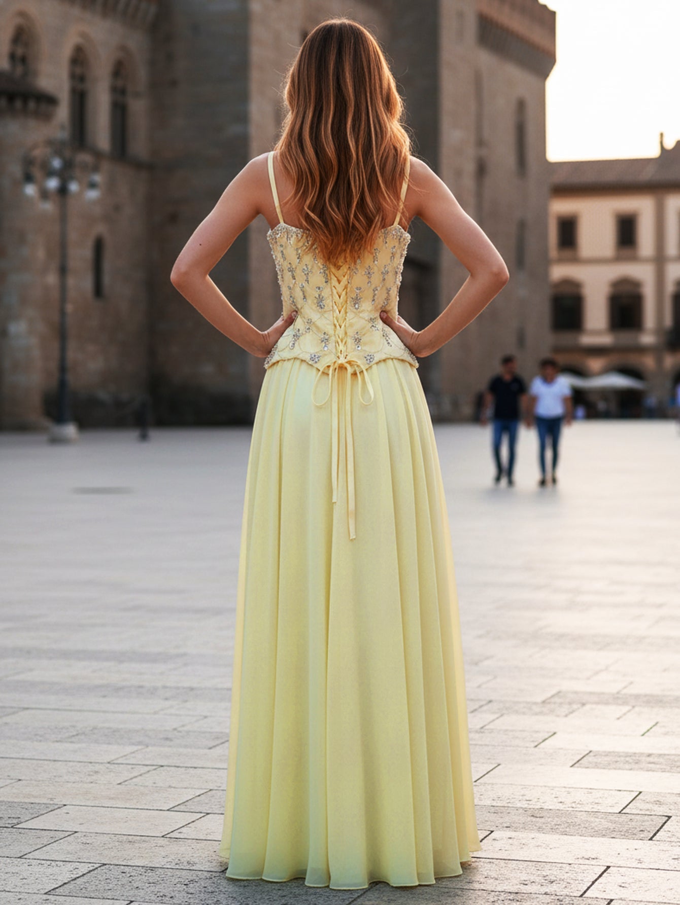 Shawl Sparkly Beading Spaghetti Shoulder Straps A-Line Long Prom Dress With Slit - Goose Yellow