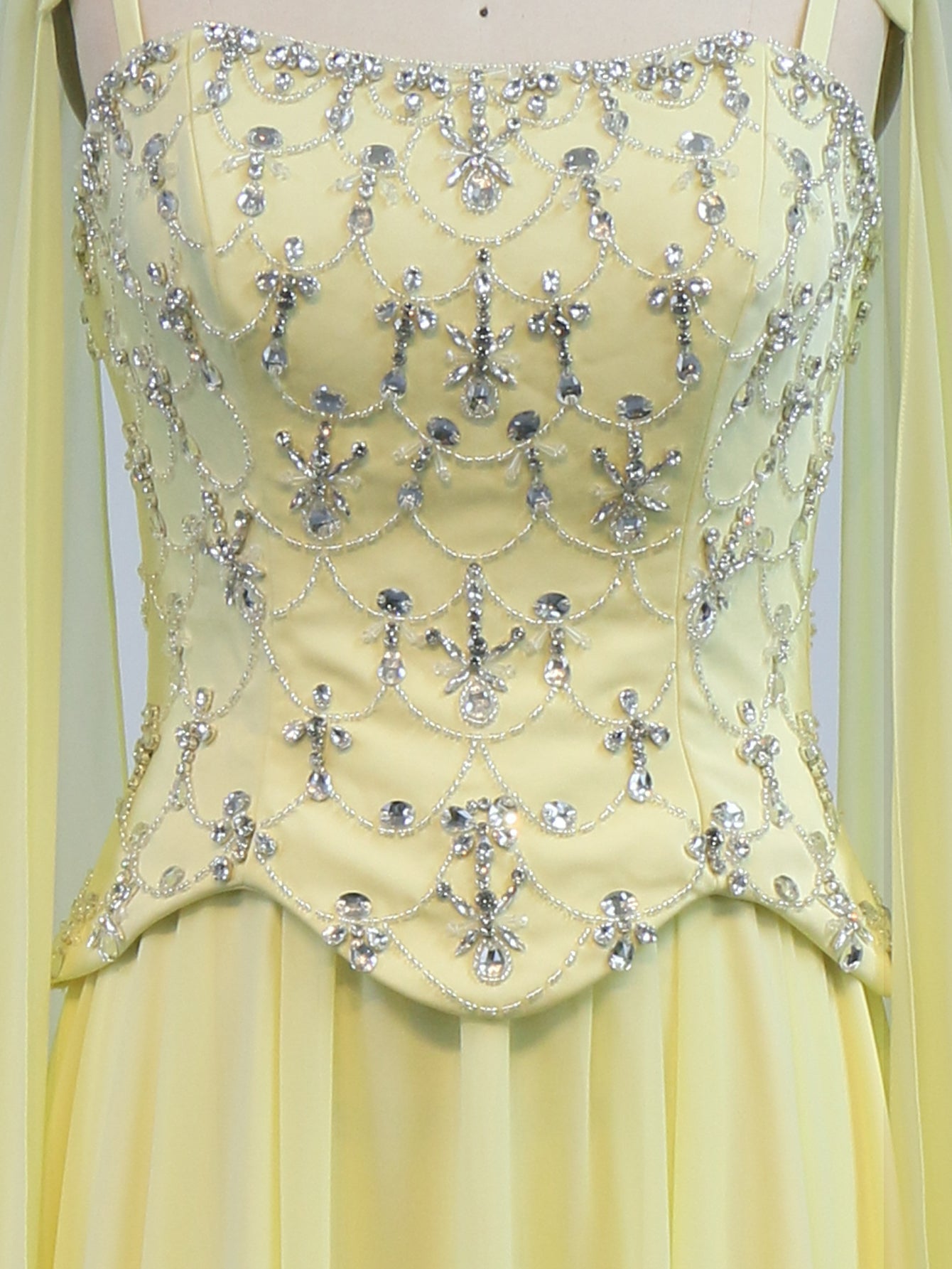 Shawl Sparkly Beading Spaghetti Shoulder Straps A-Line Long Prom Dress With Slit - Goose Yellow