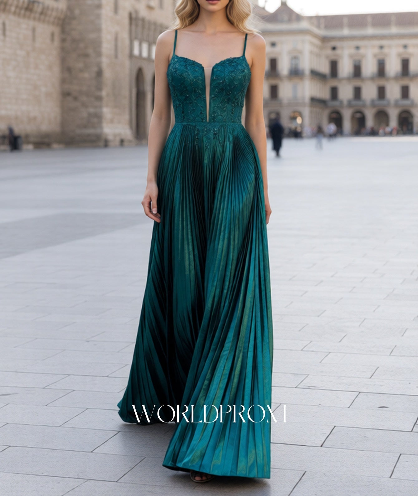 Sparkly Beading Deep V-Neck Sequin Satin A-Line Long Prom Dress - Emerald Green
