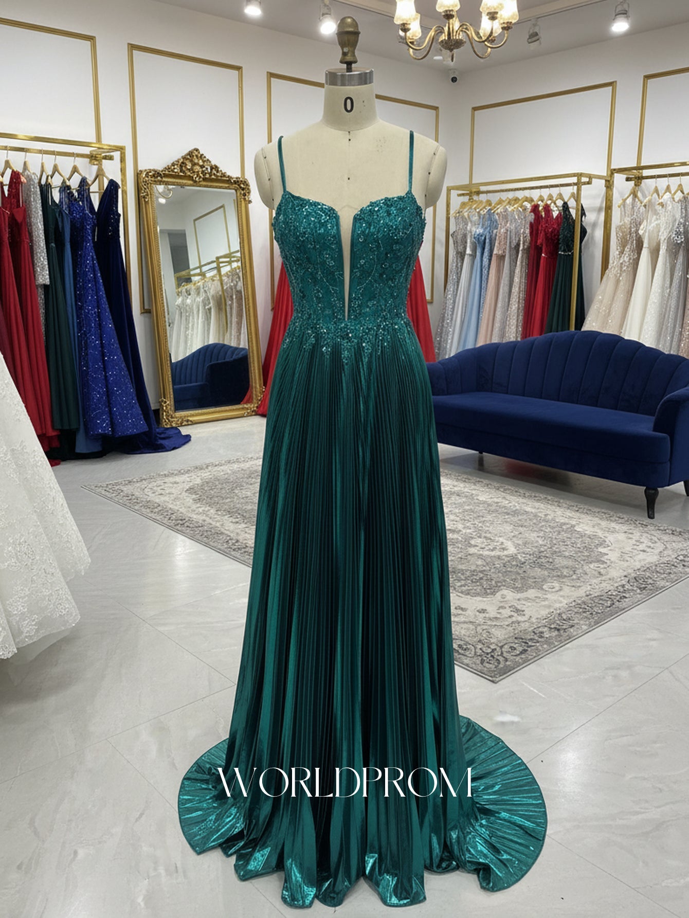 Sparkly Beading Deep V-Neck Sequin Satin A-Line Long Prom Dress - Emerald Green