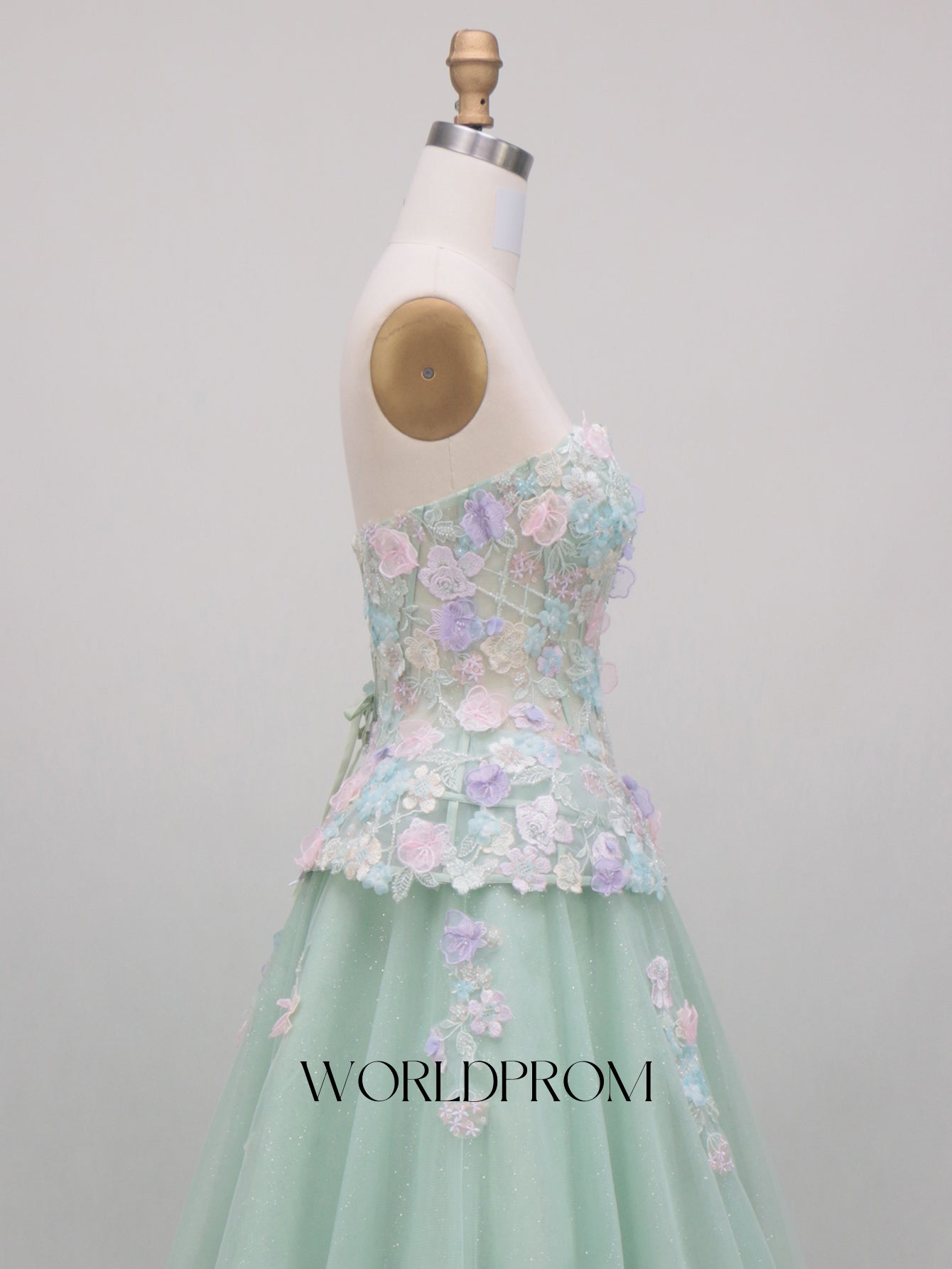 3D Flowers Sparkly Beading Corset Ball Gown Long Prom Dress - Mint Green