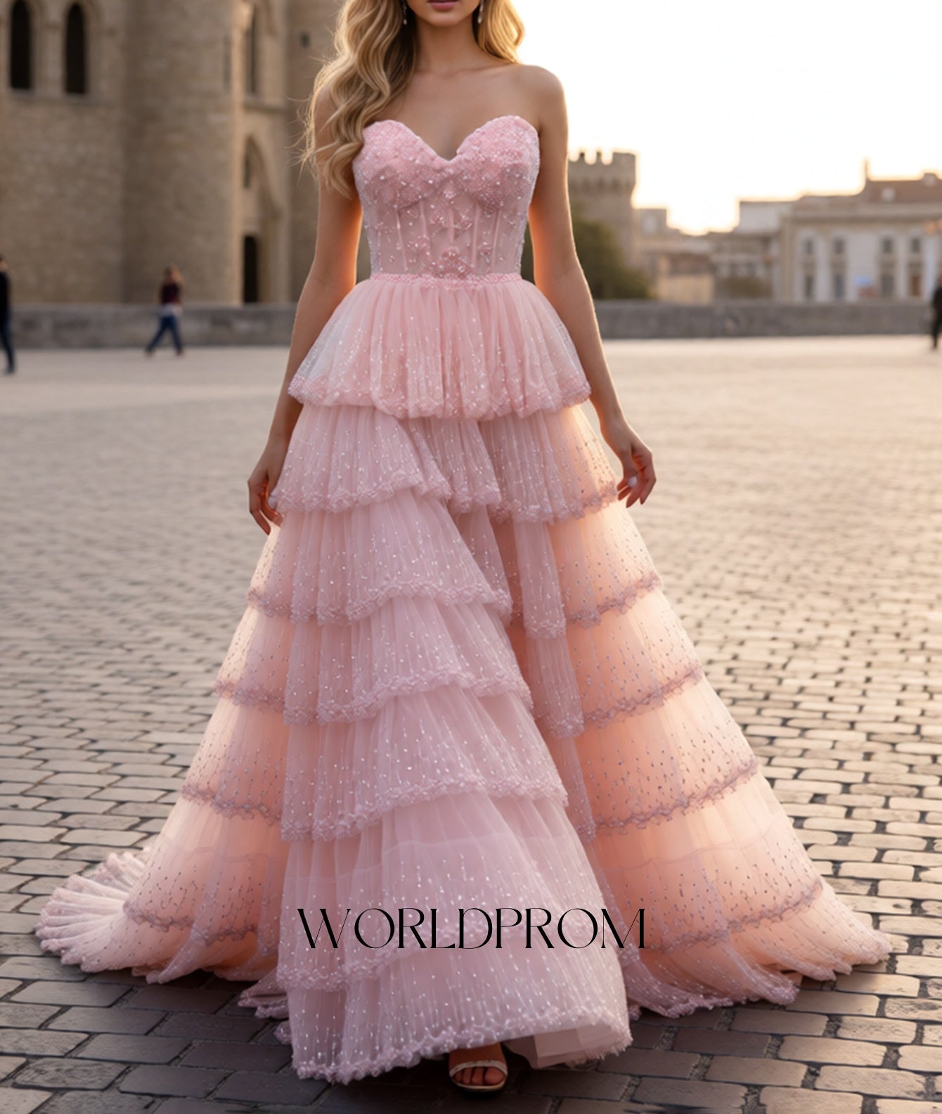 Sweetheart Sparkly Beading Illusion Layered Ruffle Hem Long Prom Dress - Light Pink