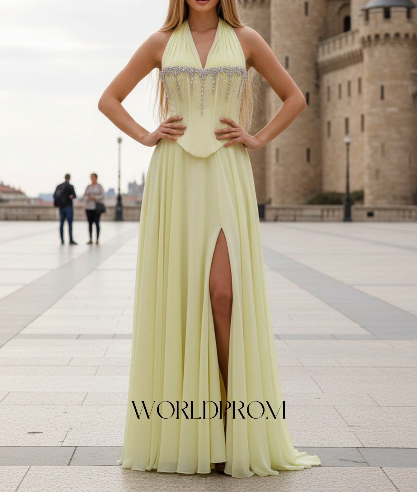 Halter Sparkly Beading Corset A-Line Long Prom Dress With Slit - Goose Yellow