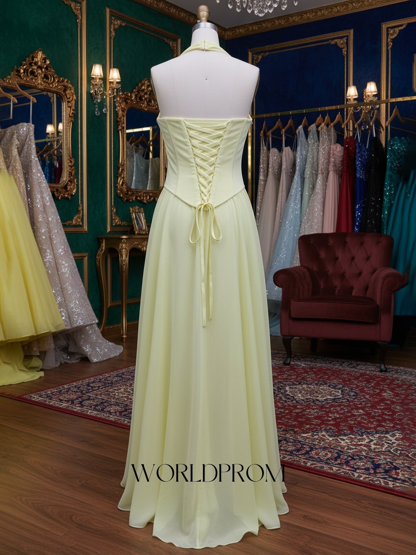 Halter Sparkly Beading Corset A-Line Long Prom Dress With Slit - Goose Yellow