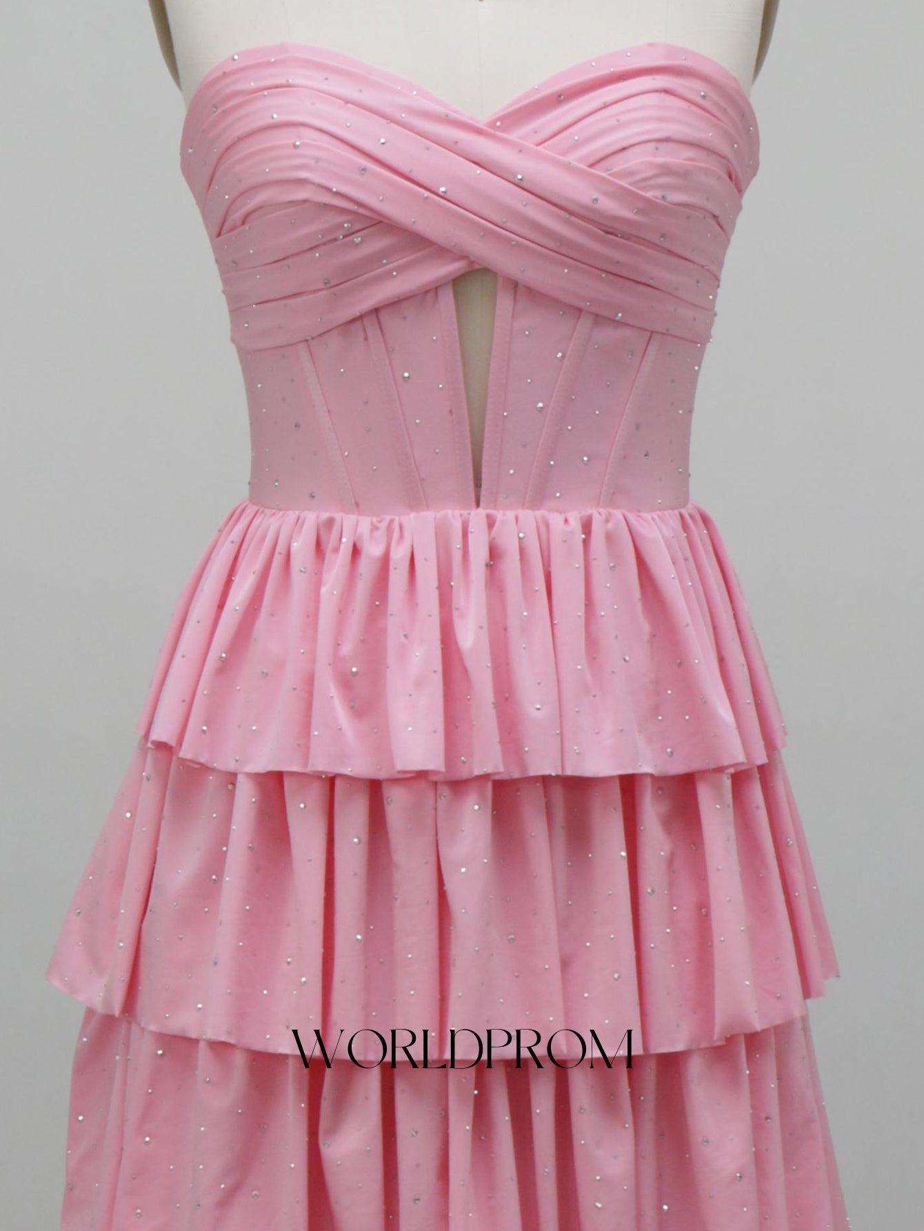 Ruched Bust Cut Front Hot Fix Crystal Layered Ruffle Hem Long Prom Dress - Pink