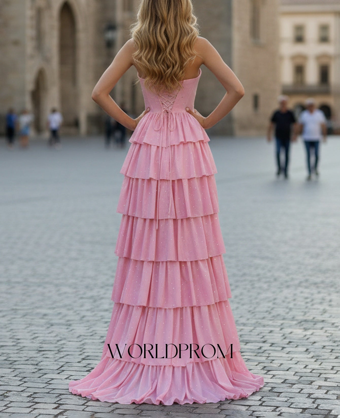 Ruched Bust Cut Front Hot Fix Crystal Layered Ruffle Hem Long Prom Dress With Slit - Pink
