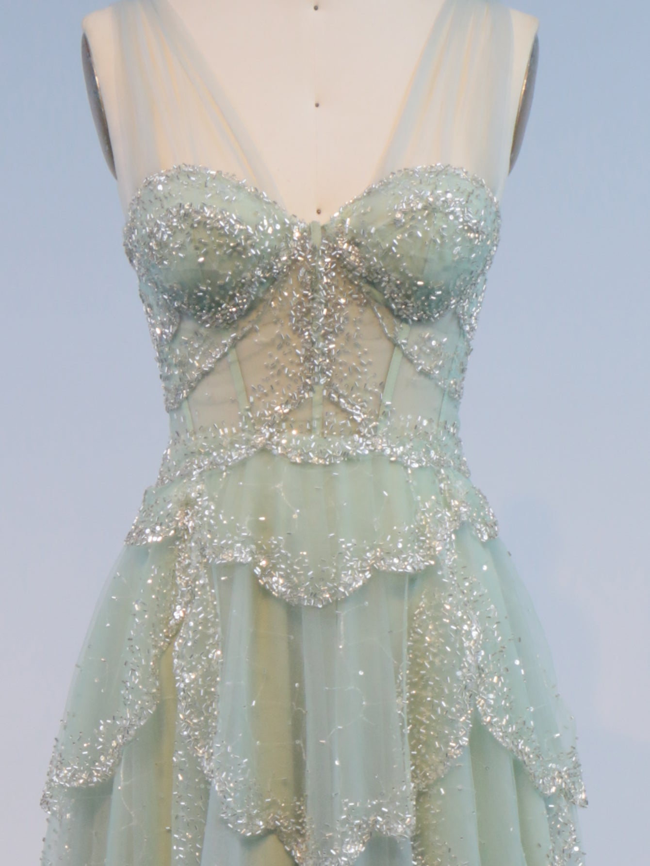 Tank Sparkly Beading Corset A-Line Long Prom Dress - Mint Green