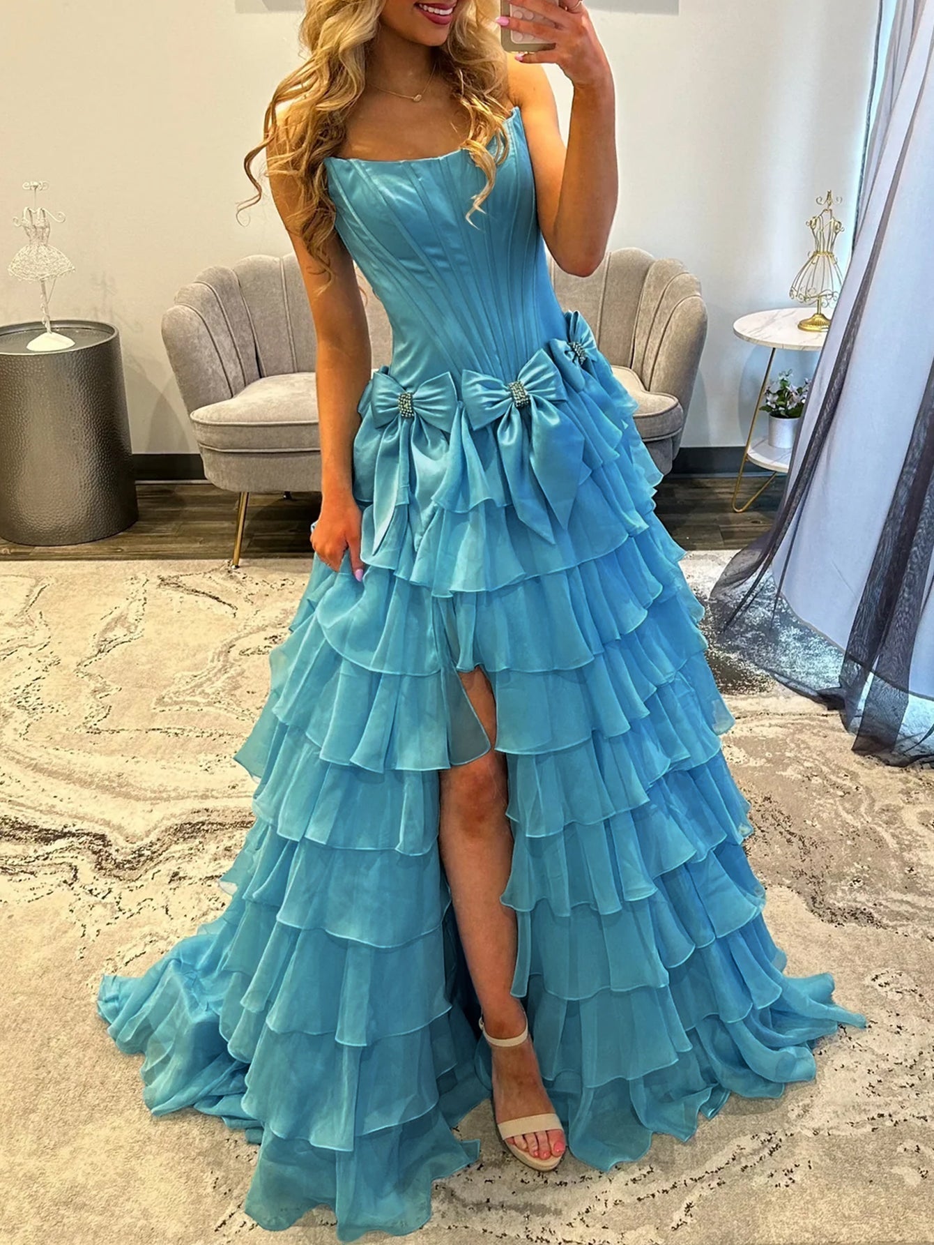 Boned Strapless Tiered Ball Gown Prom Dress Long With Bow - Blue