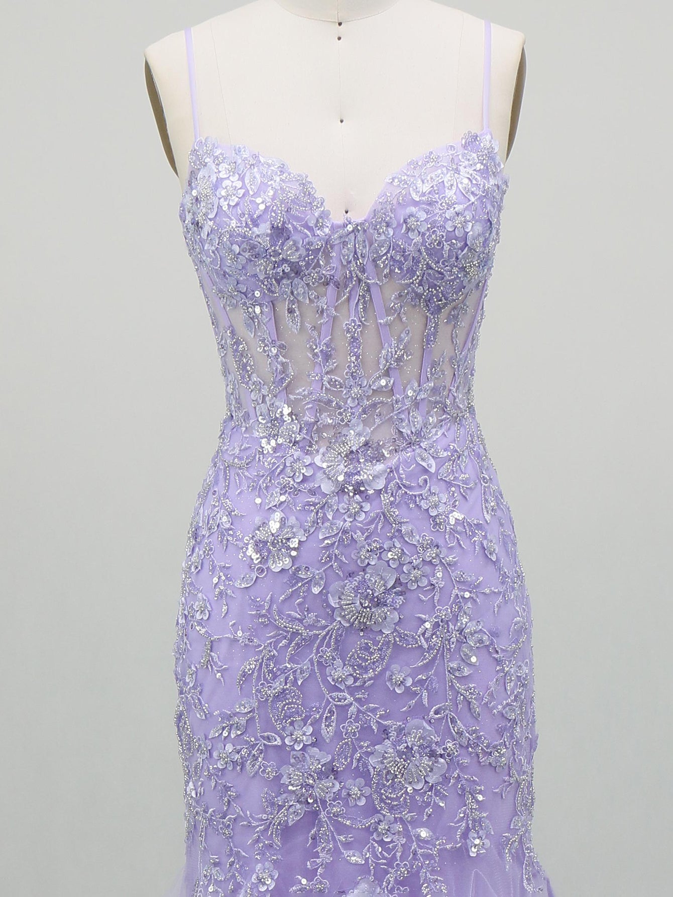 Sparkly Beading Spaghetti Shoulder Straps Lace Illusion Mermaid Long Prom Dress - Lavender