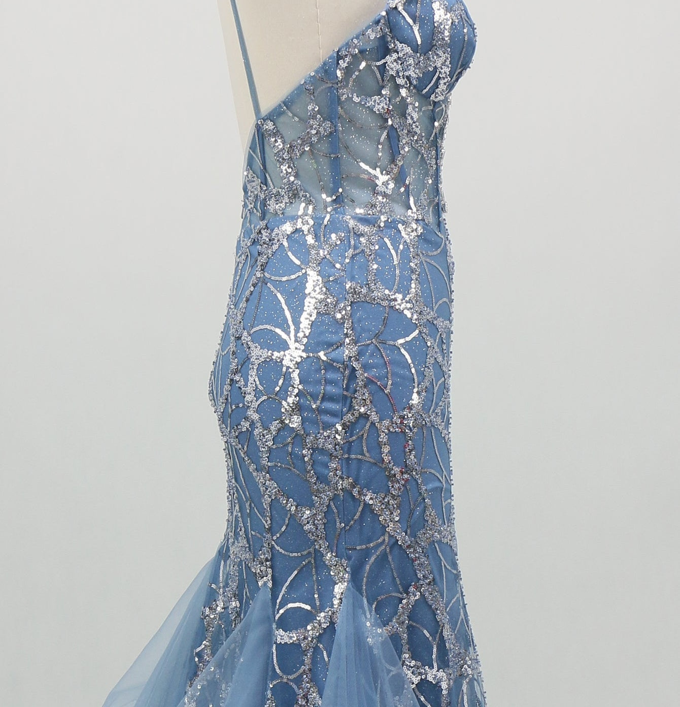 Sparkly Beading Deep V-Neck Mermaid Long Prom Dress With Slit - Light Blue