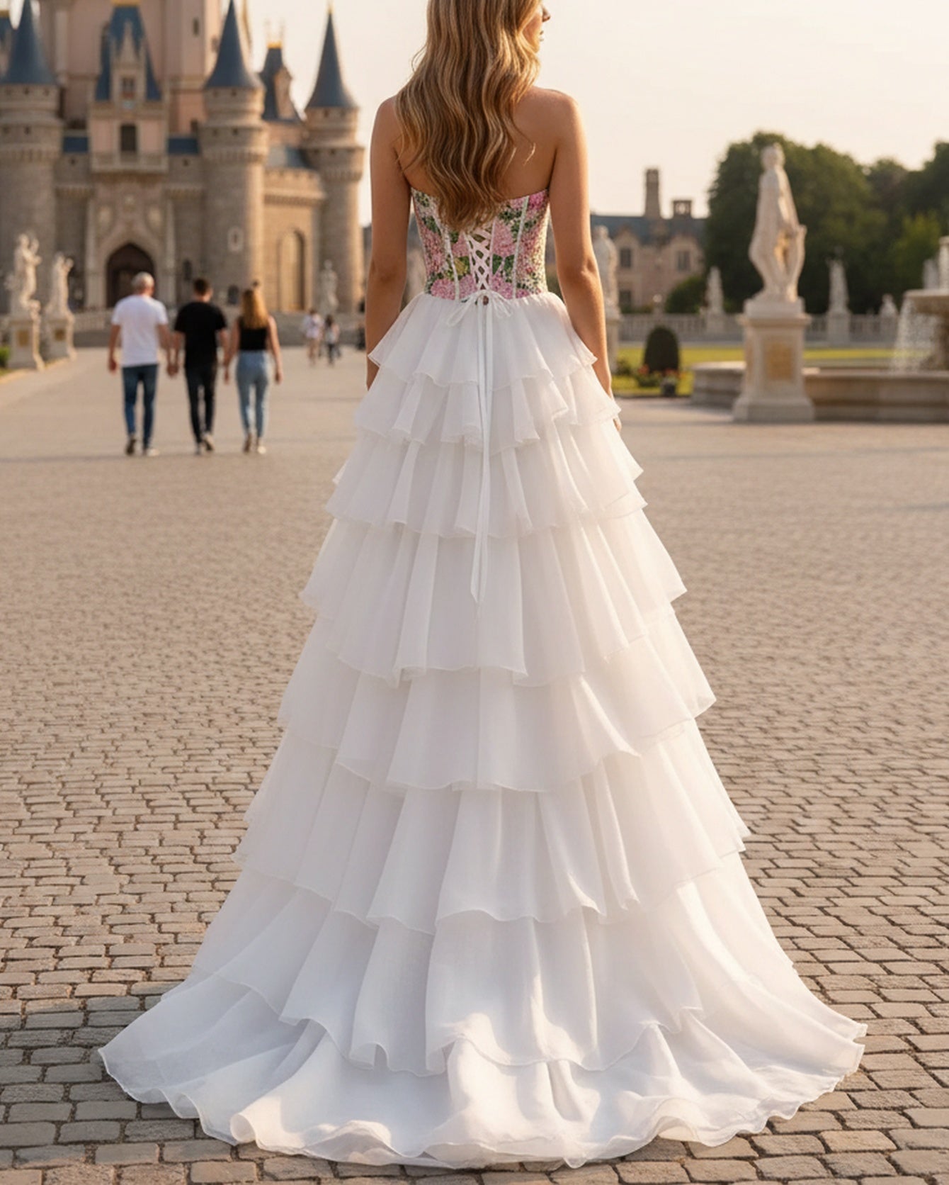 Sparkly Beading Corset Floral Layered Ruffle Hem Long Prom Dress - White