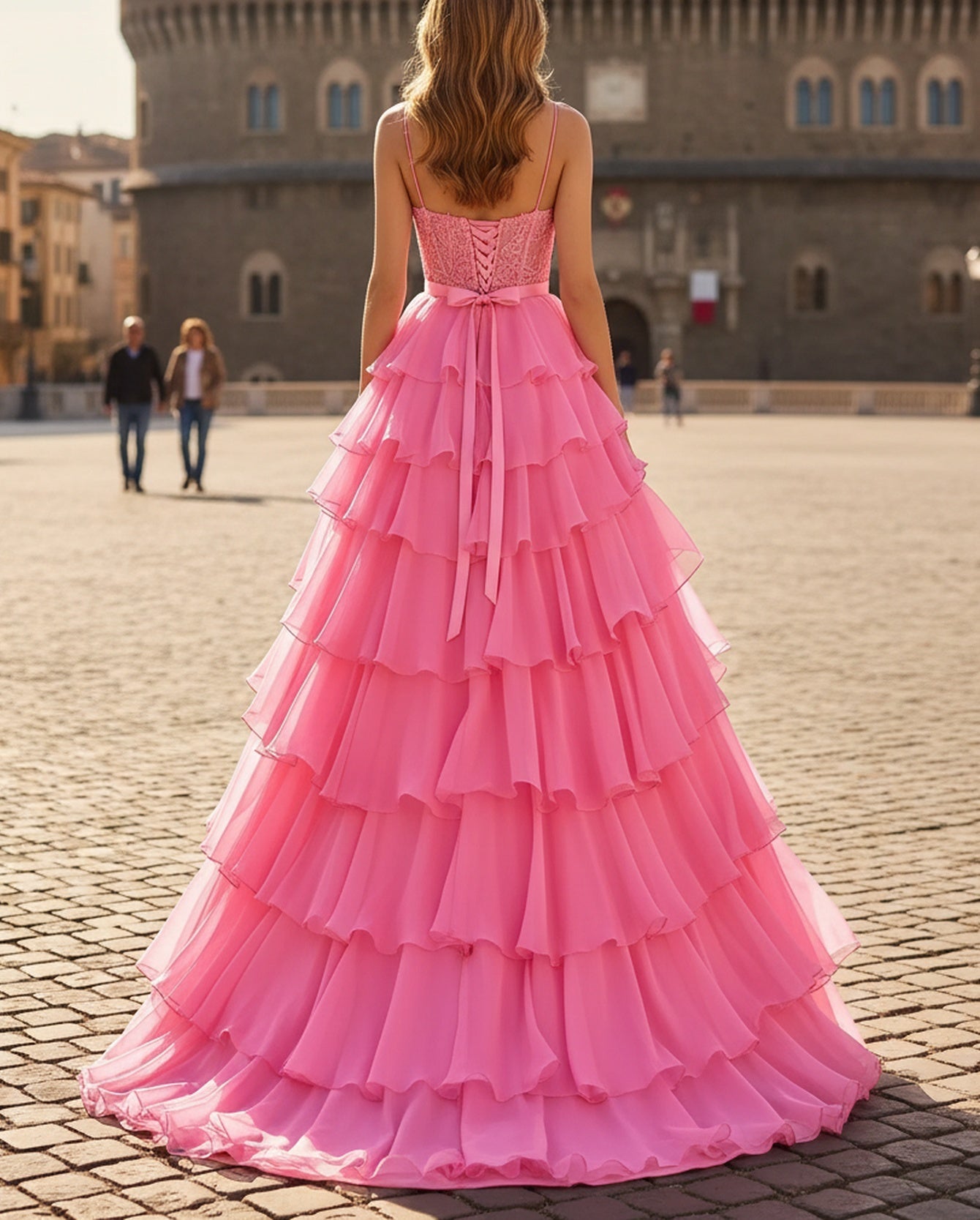 Sparkly Beading Bow Lace Illusion Layered Ruffles A-Line Long Prom Dress - Hot Pink
