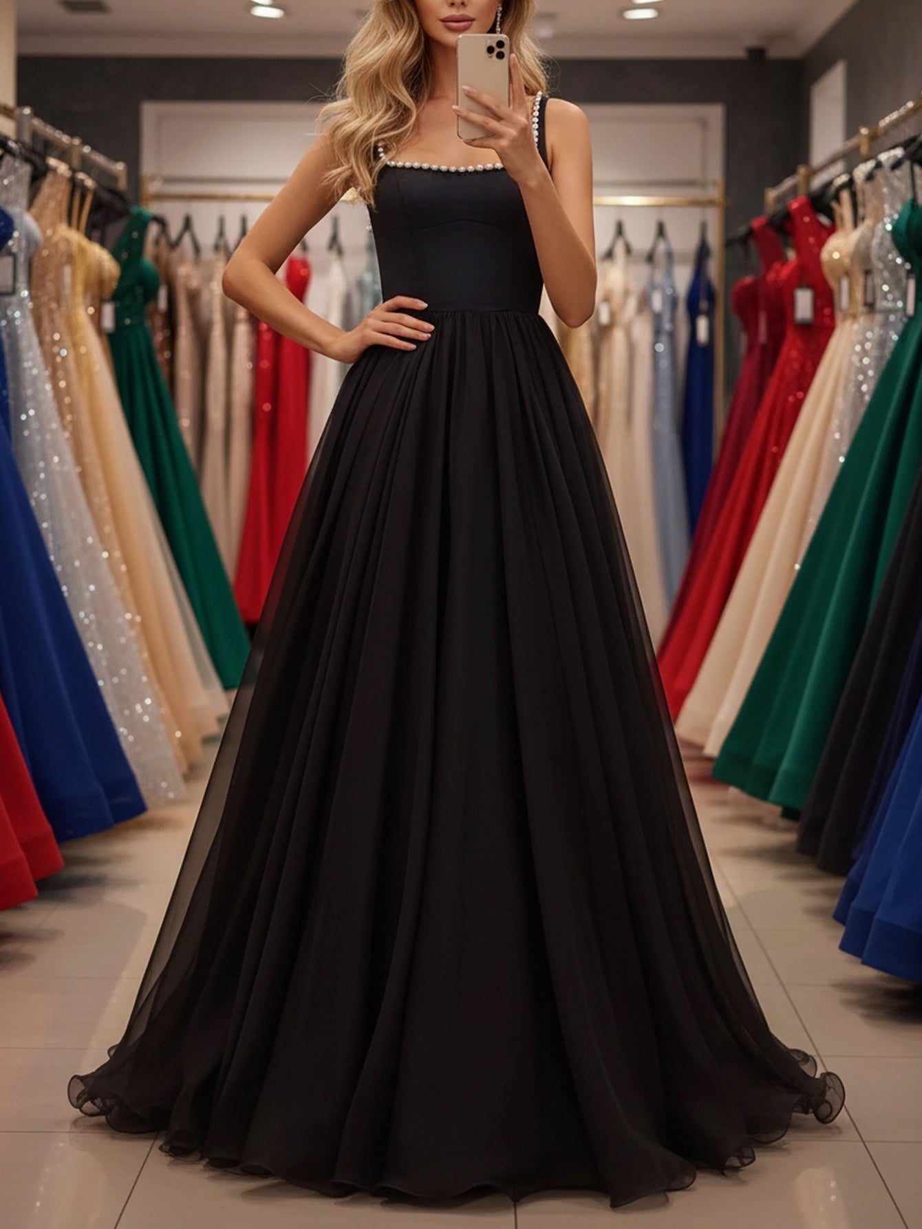 Tank Square Beading Corset Lace Up Chiffon A-Line Long Prom Dress - Black