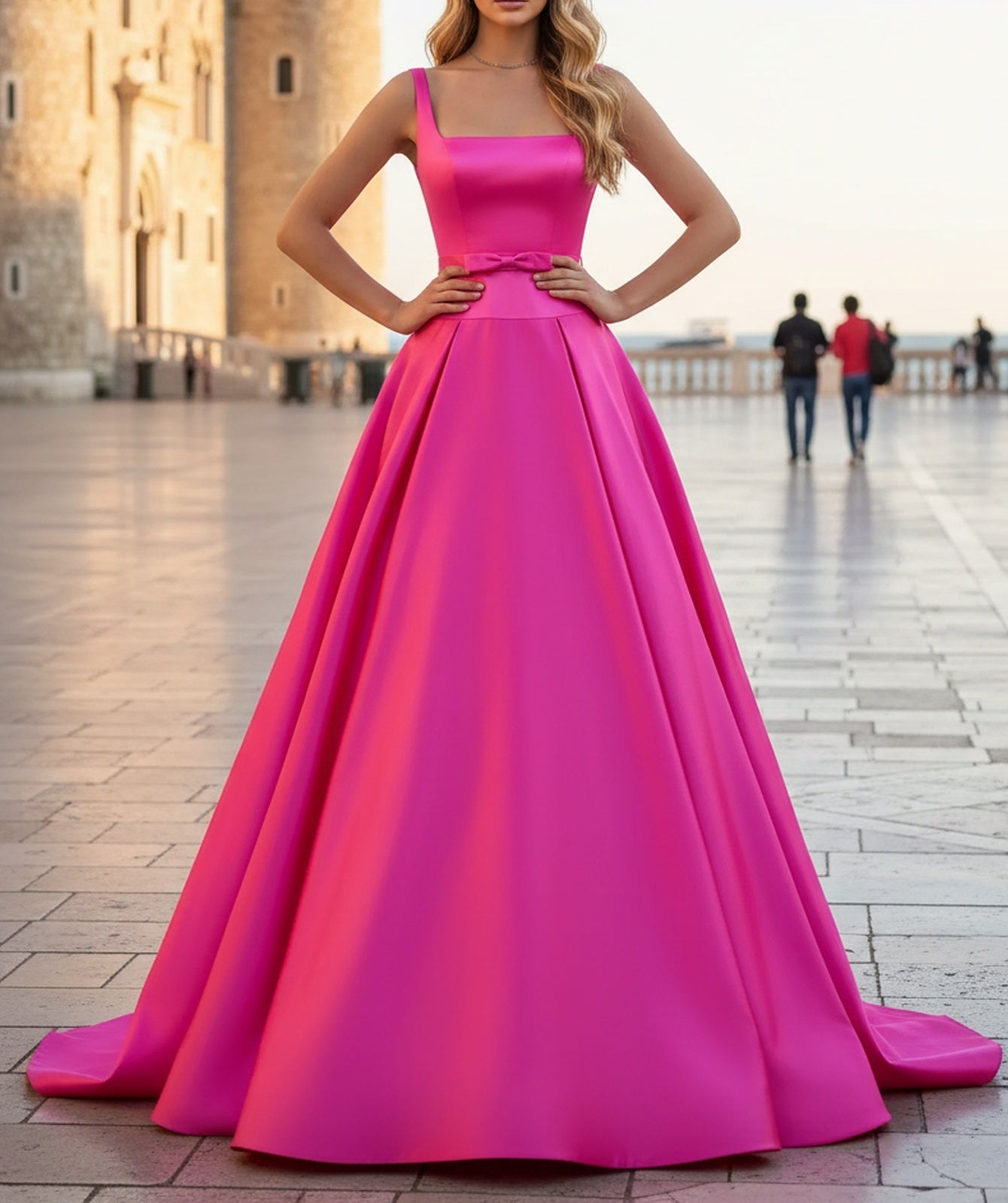 Tank Bow Coset Lace Up Ball Gown Long Prom Dress - Hot Pink