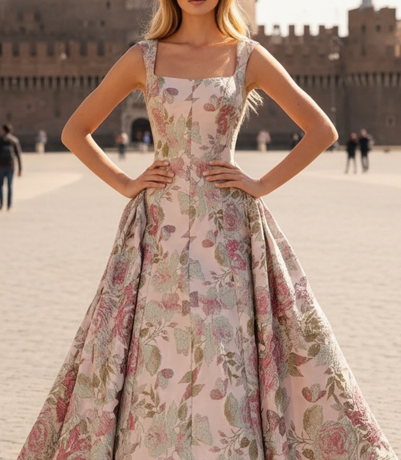 Tank Corset Lace Up Square Floral Long A-Line Prom Dress - Pink Floral