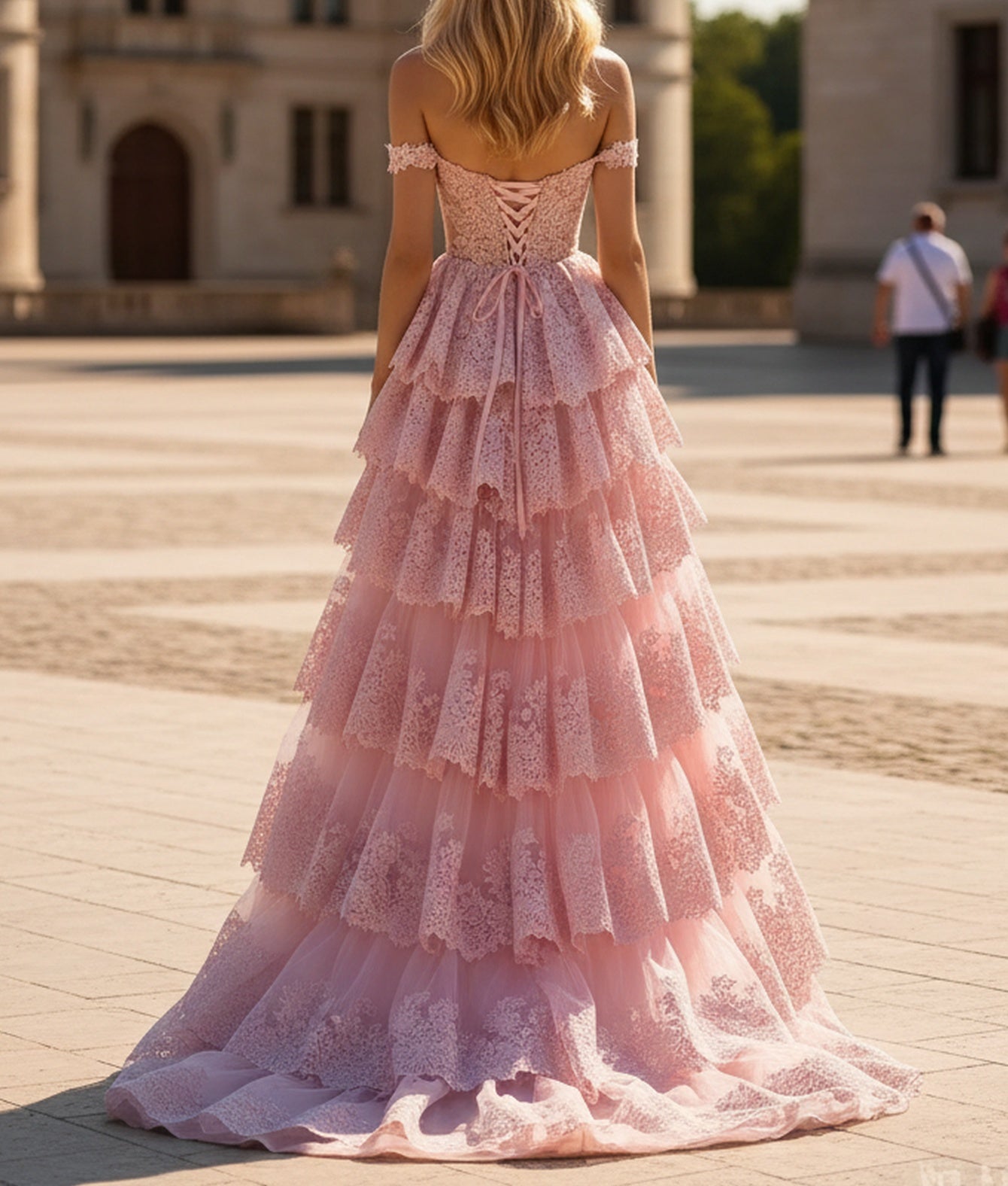 Off Shoulder Sweetheart Cut Front Lace Layered Ruffle Hem Long Ball Gown Prom Dress - Blush Pink