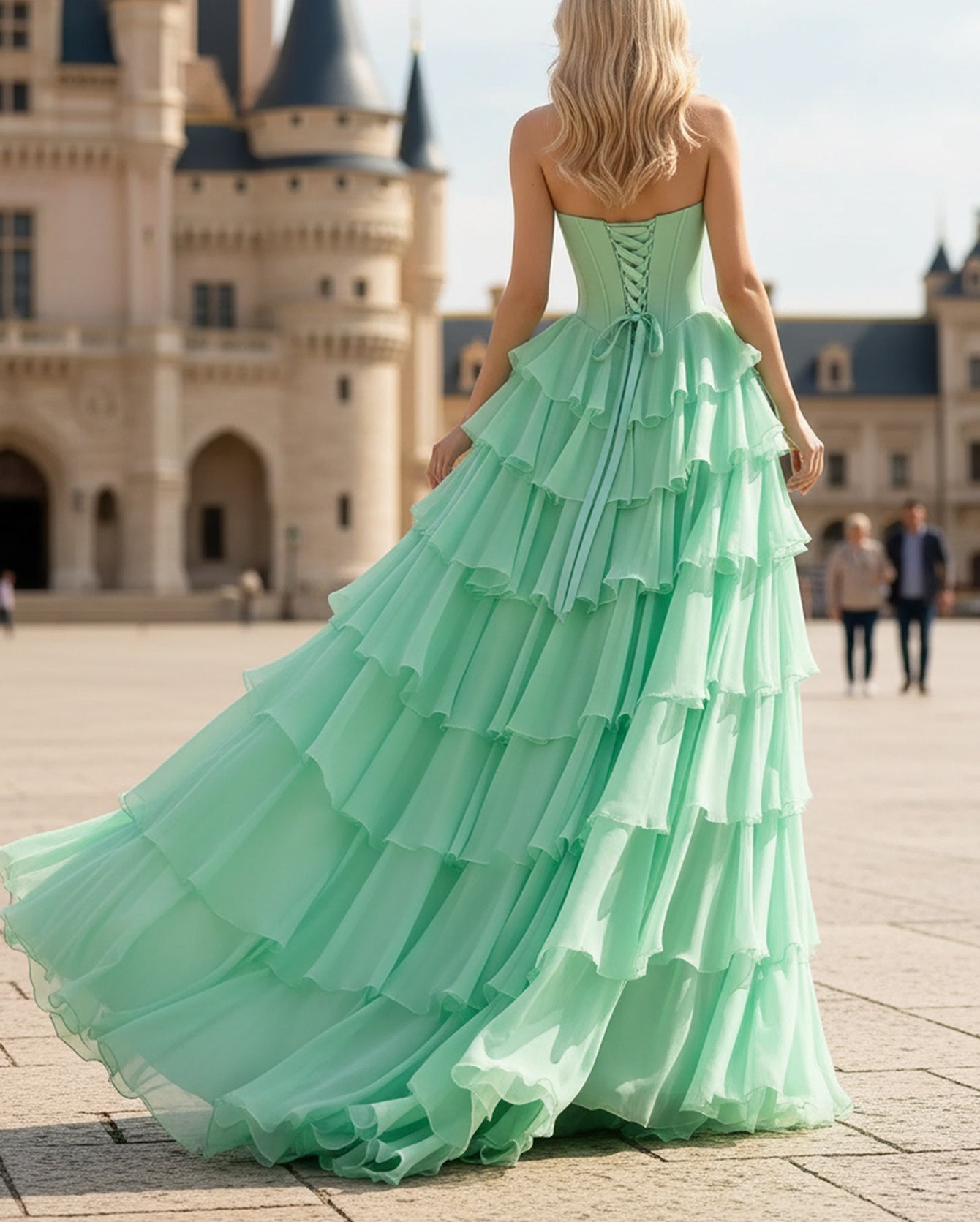 Bow Front Hot Fix Crystal Corset Long Layered Ruffle Hem Prom Dress - Mint Green