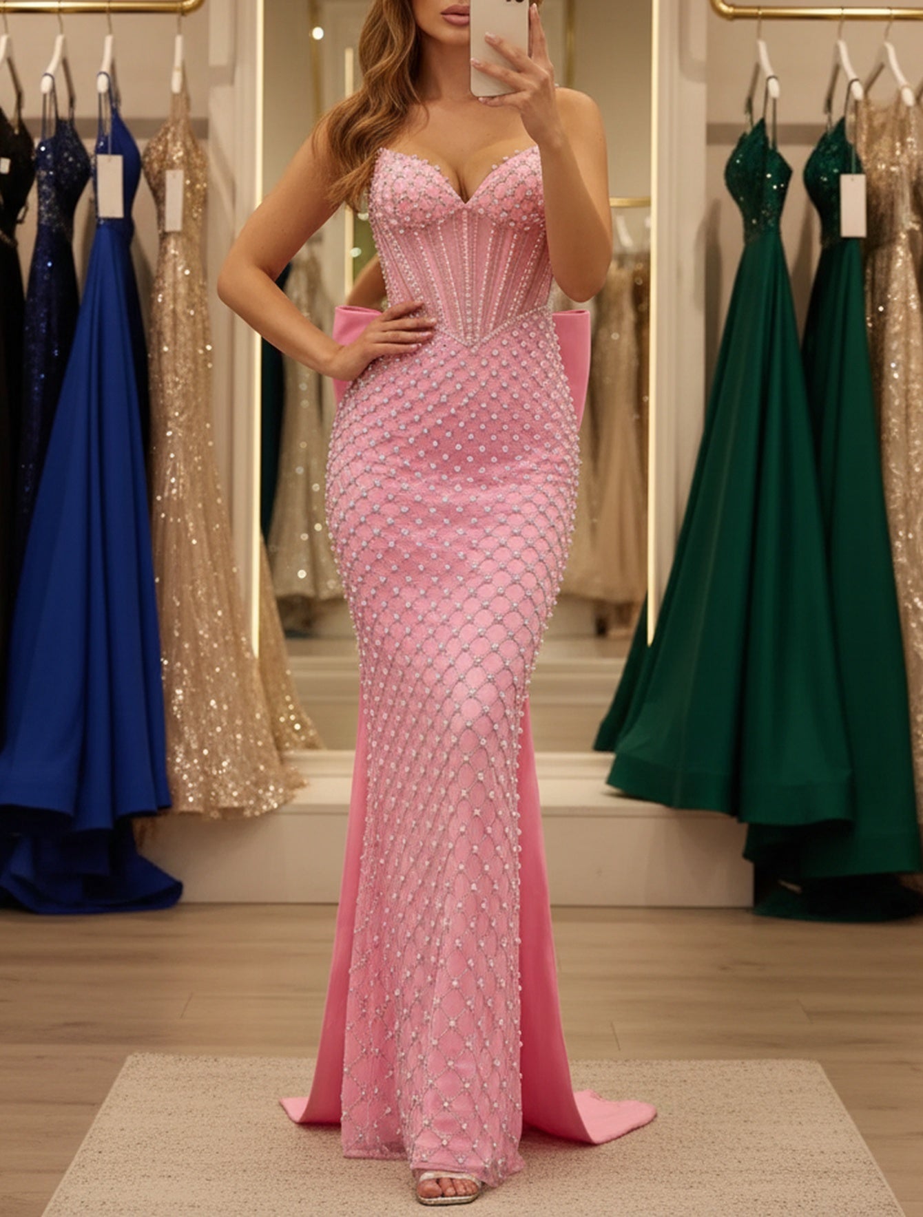 Big Bow Back Sparkly Beading Corset Long Mermaid Prom Dress - Hot Pink