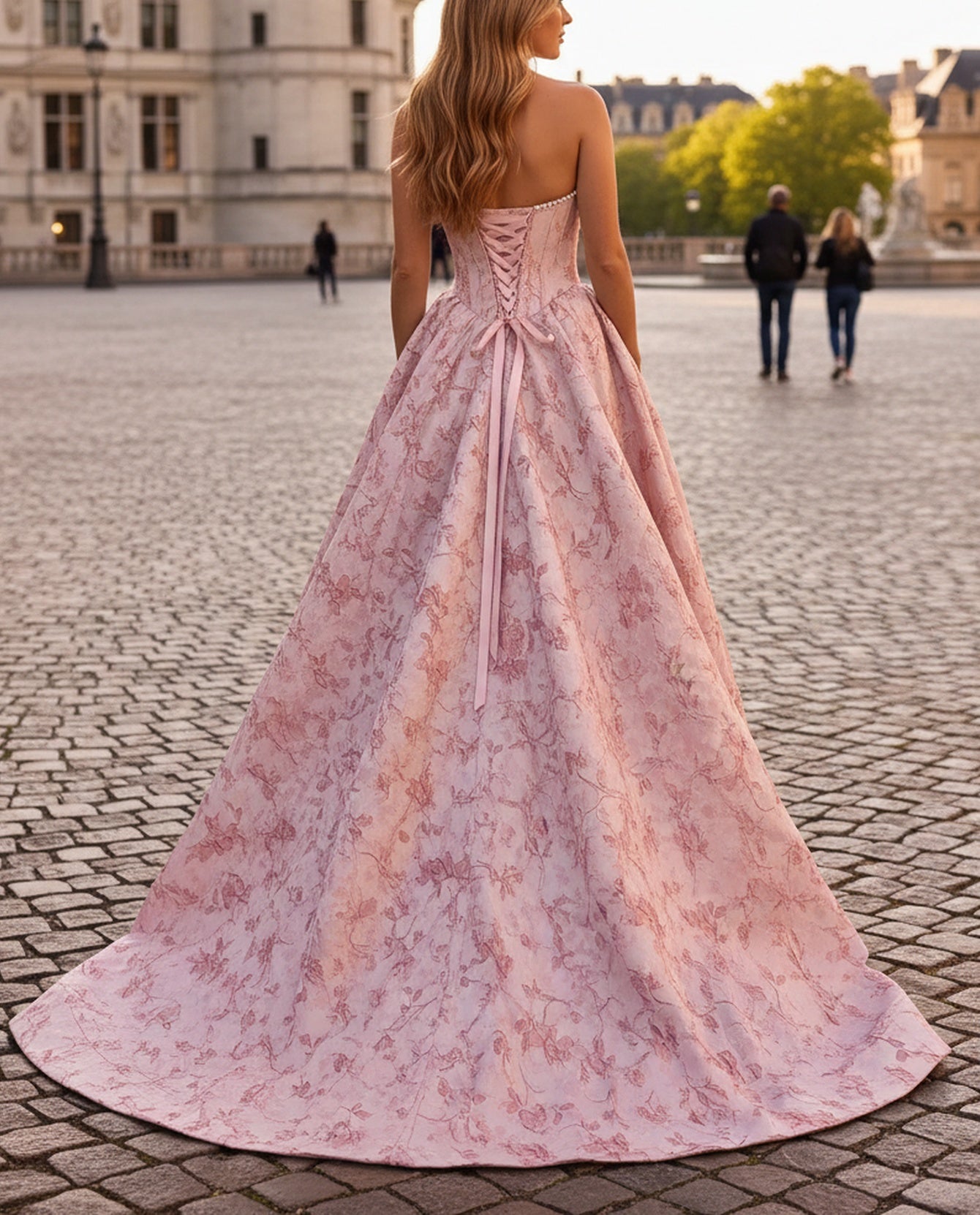 Pearls Like Corset Pleated Long A-Line Prom Dress With Slit - Pink Floral