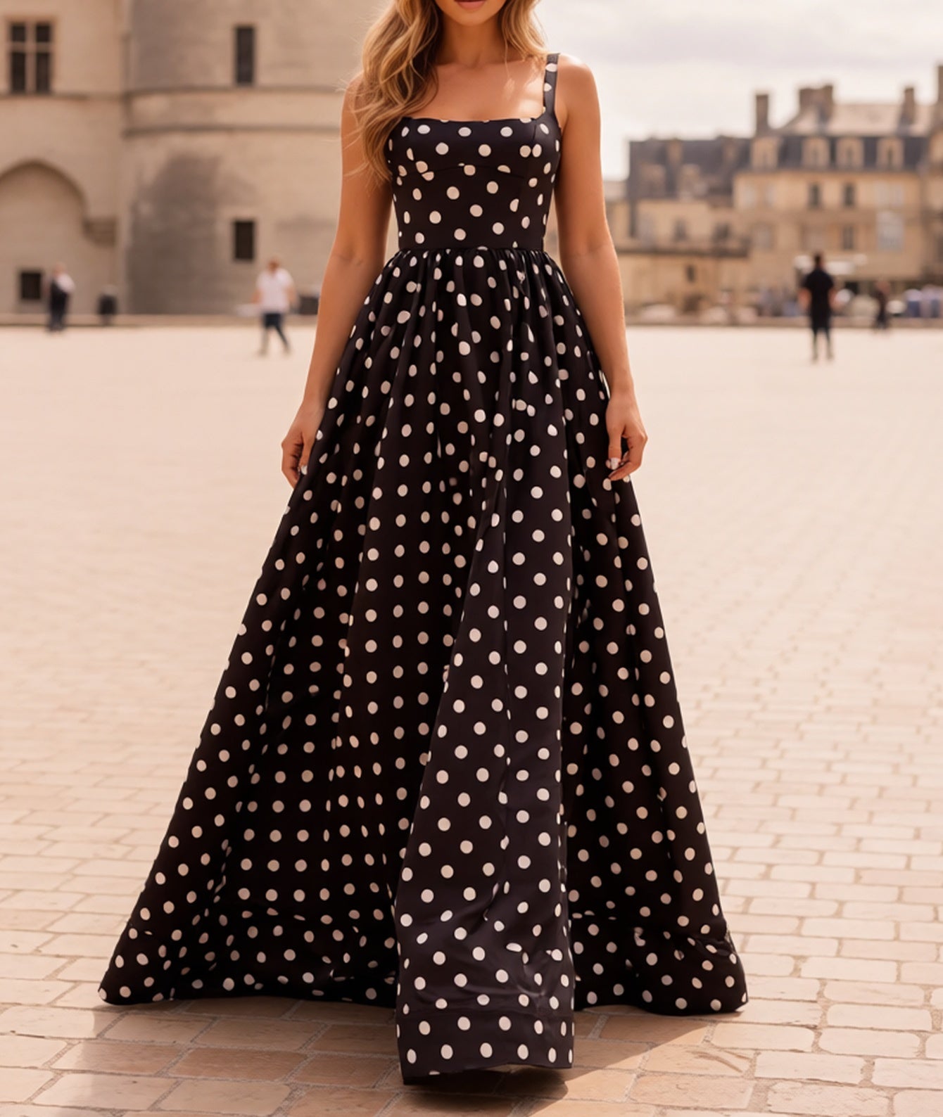 Square White Polka Dot Corset Backless Long Ball Gown Prom Dress - Black
