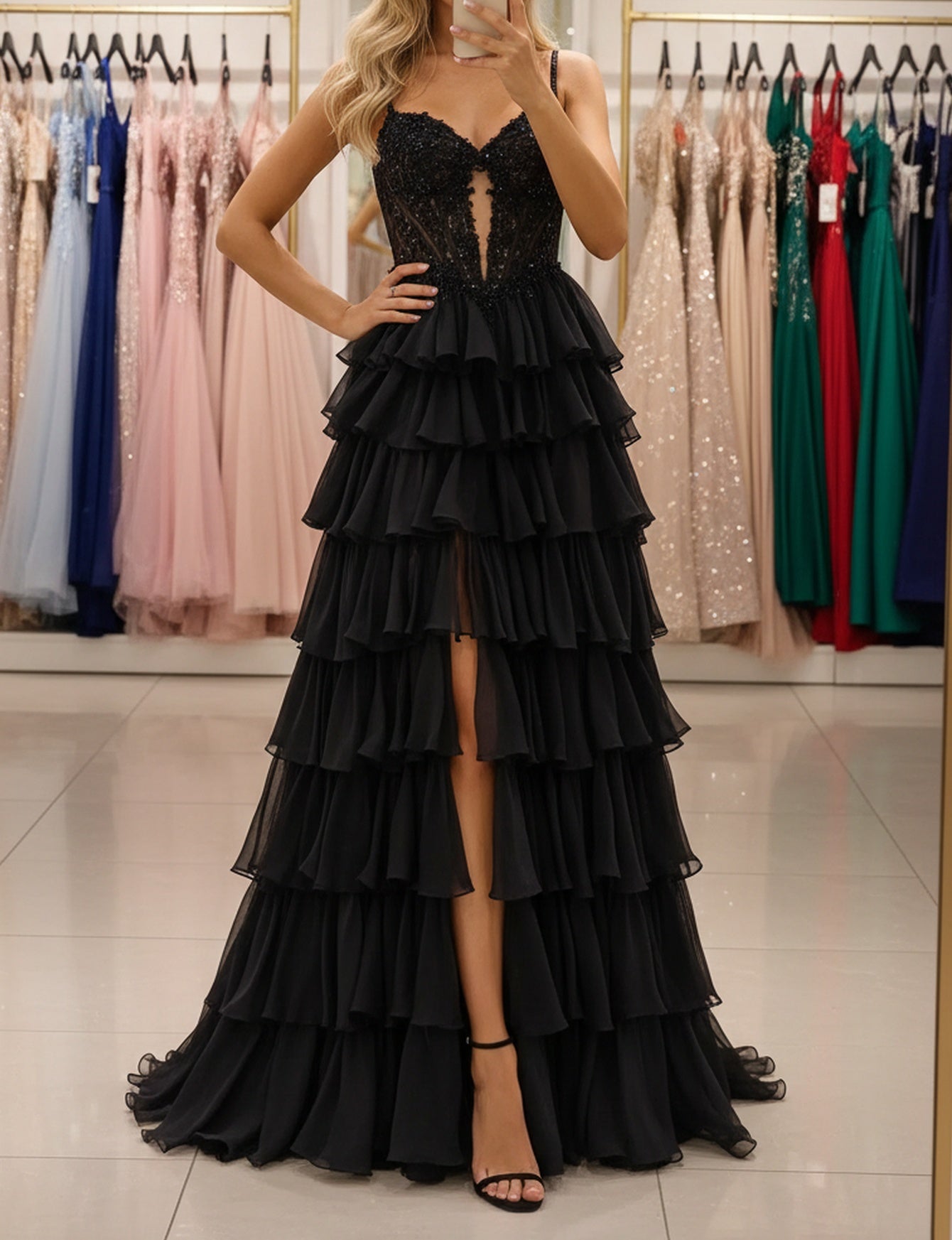 Sparkly Beading Cut Front Long Layered Ruffle Hem Prom Dress With Slit - Black