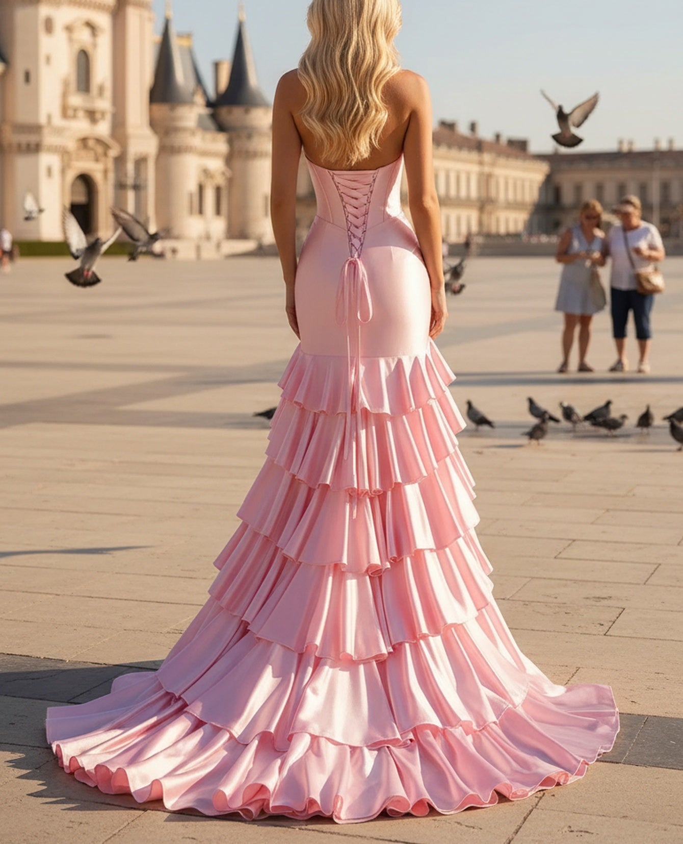 Halter Pleated Ruched Bust Layered Ruffle Hem Long Mermaid Prom Dress With Slit - Light Pink