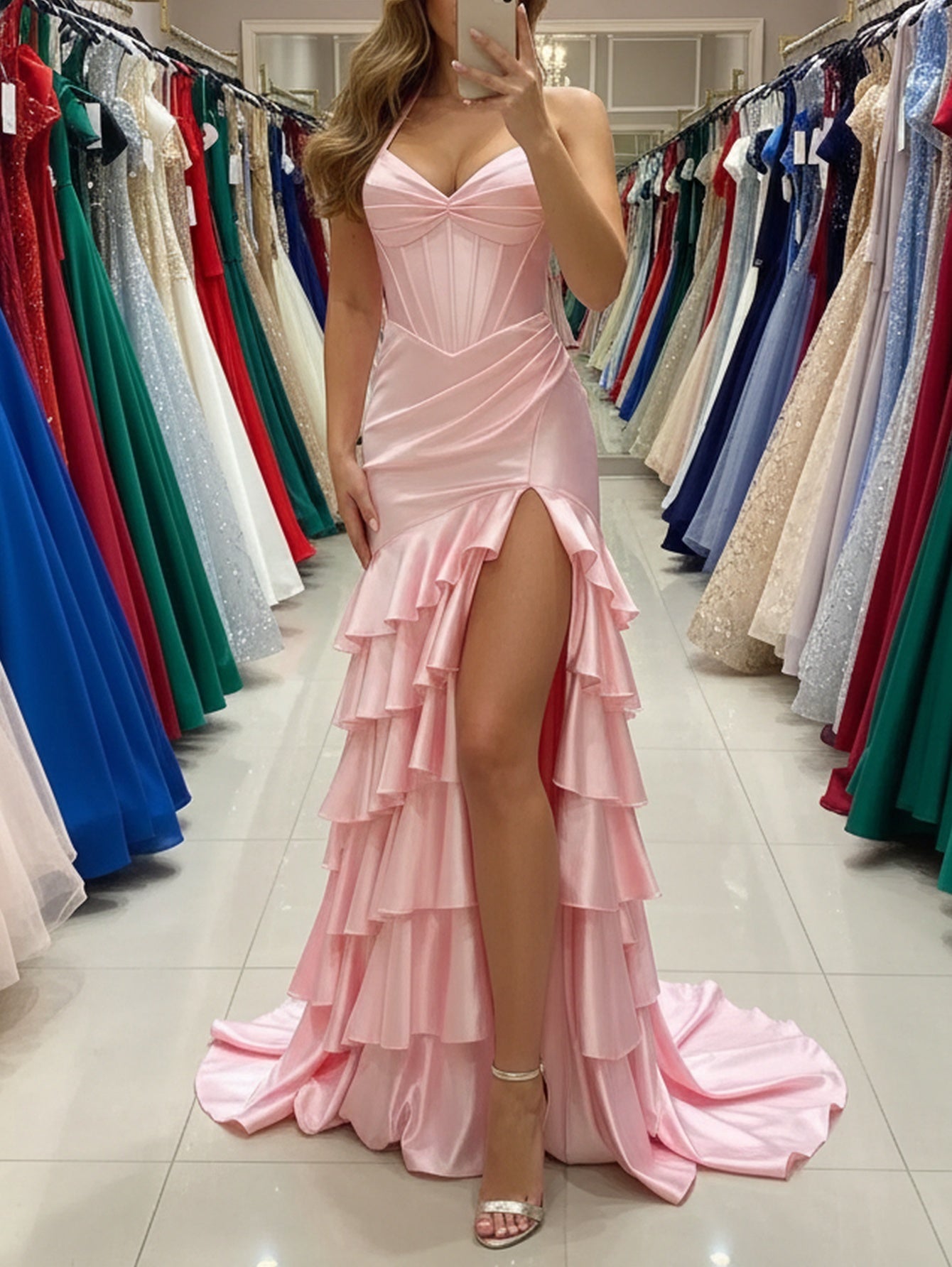 Halter Pleated Ruched Bust Layered Ruffle Hem Long Mermaid Prom Dress With Slit - Light Pink