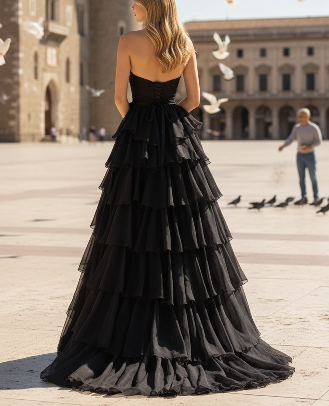 Sweetheart Ruched Bust Ruffle Hem Lace Up Long Ball Gown Prom Dress With Slit - Black