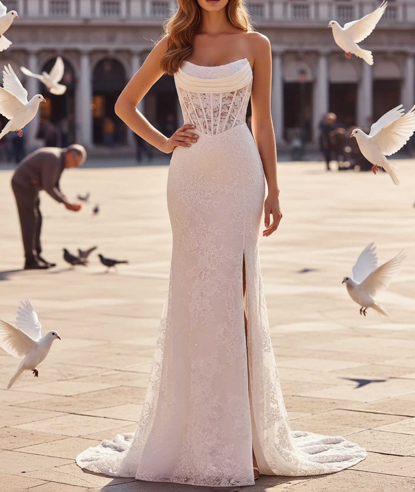 Ruched Embroidery Illusion Lace Up Bodice Long Mermaid Prom Dress With Slit - White