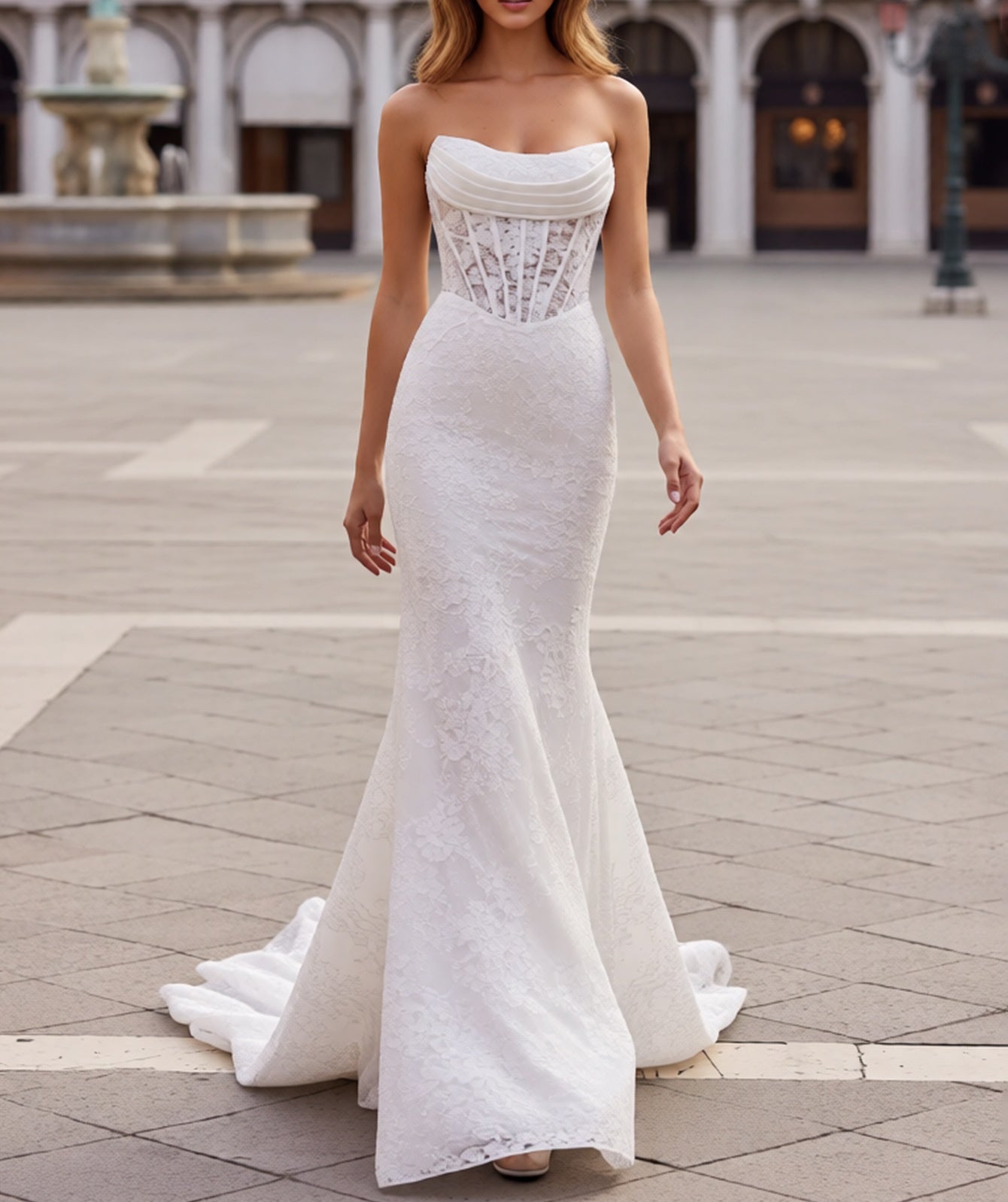 Ruched Embroidery Lace Up Illusion Bodice Long Mermaid Prom Dress - White