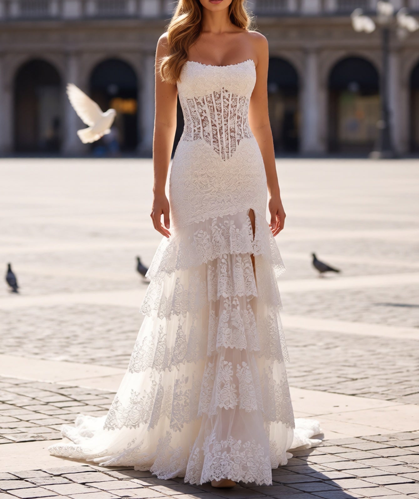 Embroidery Illusion Ruffle Bodice Long Mermaid Prom Dress - White