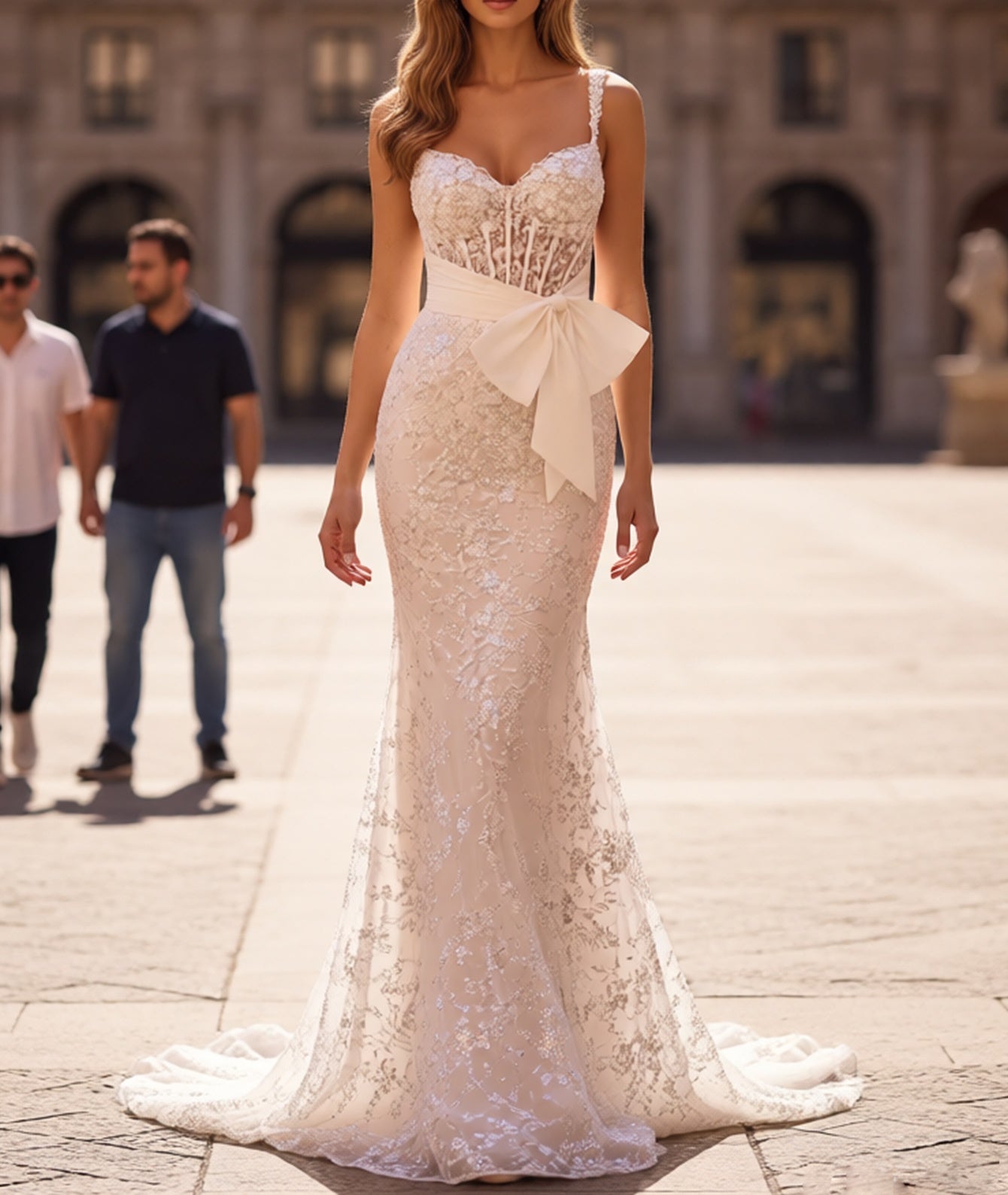 Bow Front Embroidery Illusion Pleated Lace Up Bodice Long Mermaid Prom Dress - White