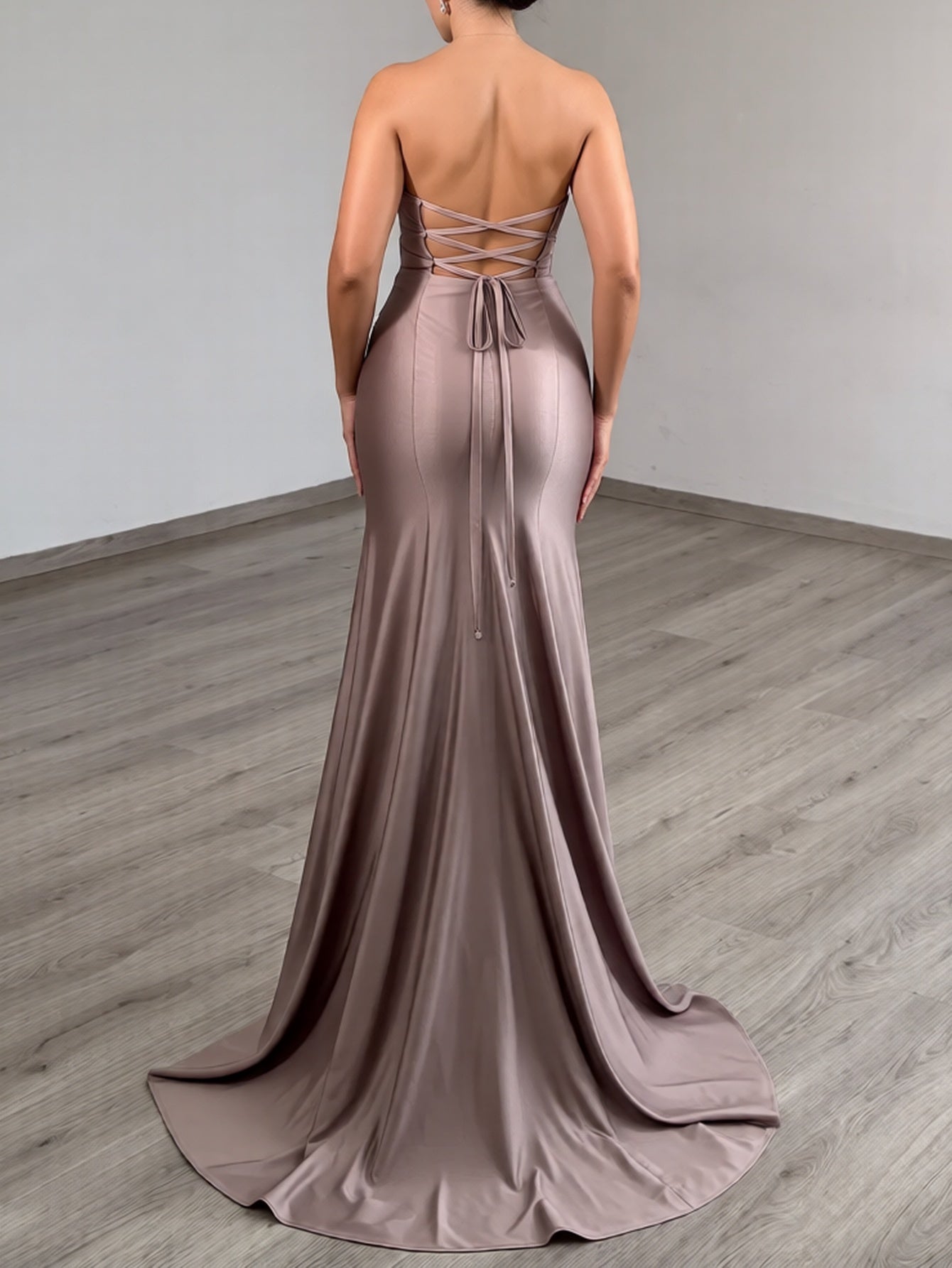 Sparkly Beading Lace Up Cut Front Ruched Bodice Long Mermaid Prom Dress - Dusty Rose