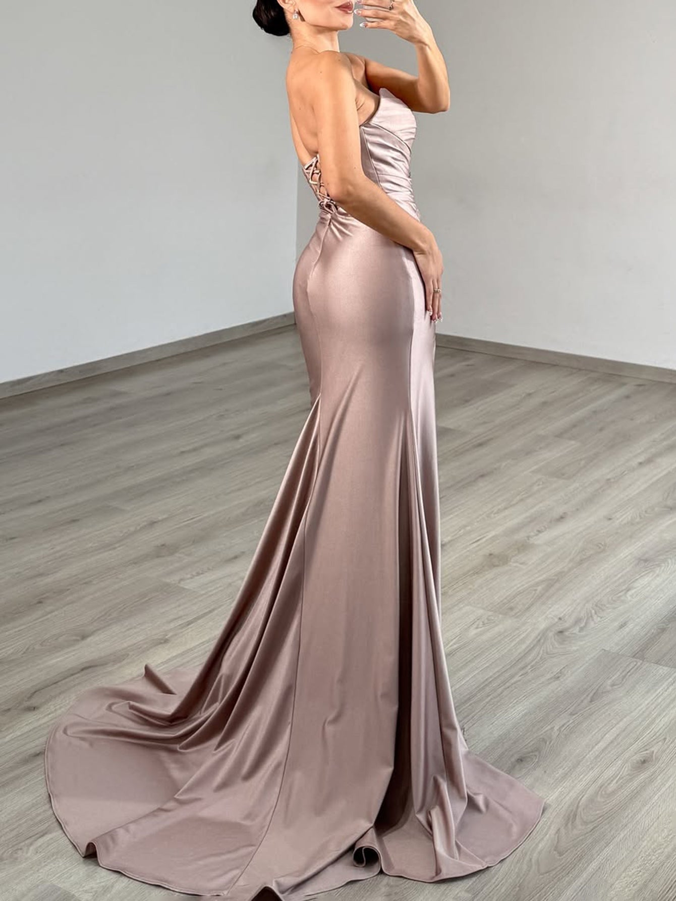 Sparkly Beading Lace Up Cut Front Ruched Bodice Long Mermaid Prom Dress - Dusty Rose