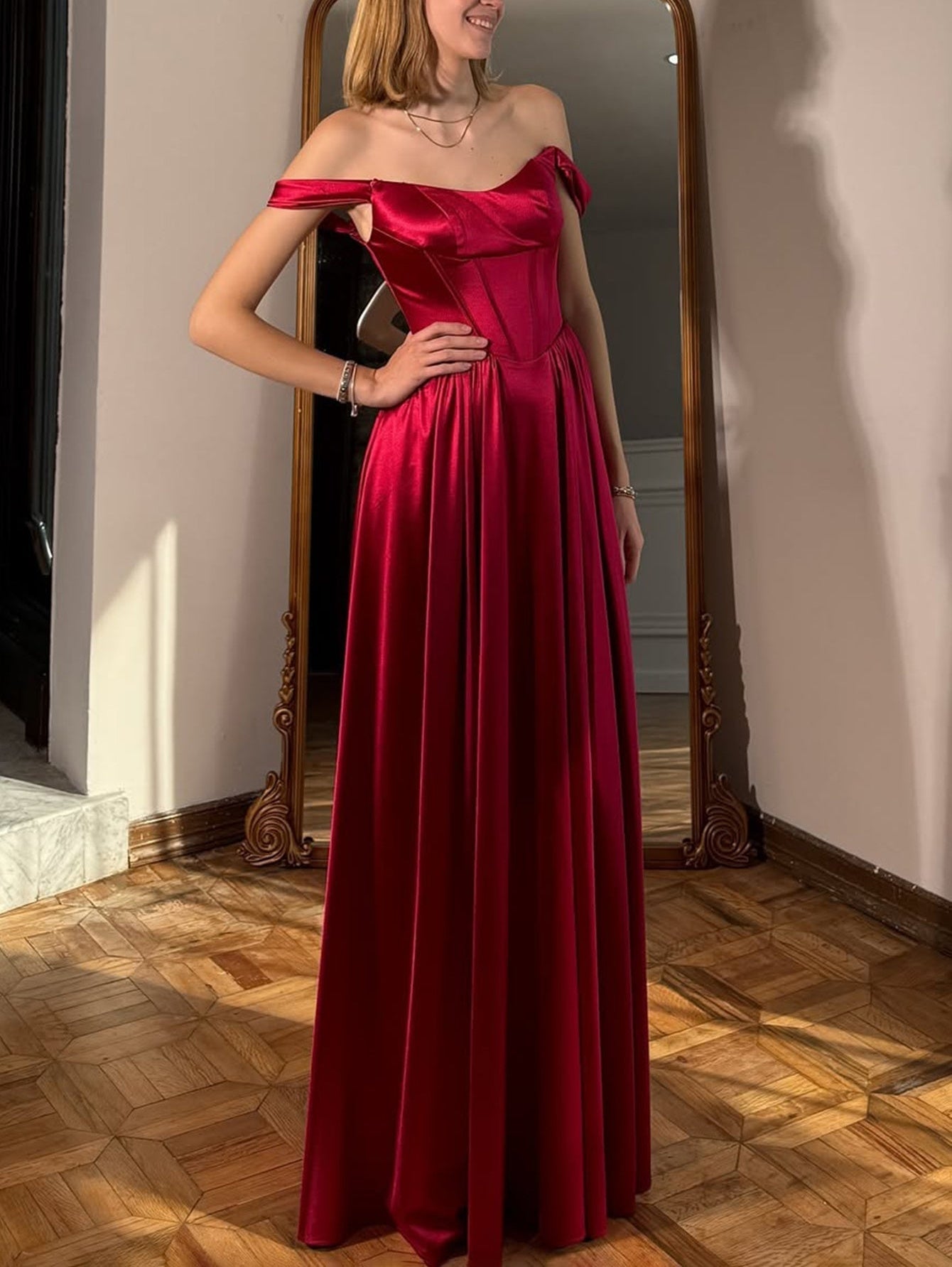 Lace Up Pleated Bodice A-Line Long Prom Dress With Detachable Strap - Red