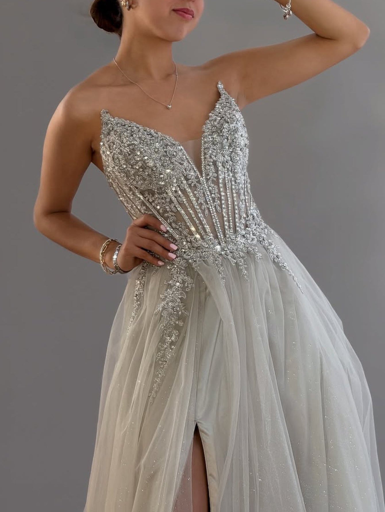 Sparkly Beading Illusion Cut Front Bodice A-Line Long Prom Dress - Silver