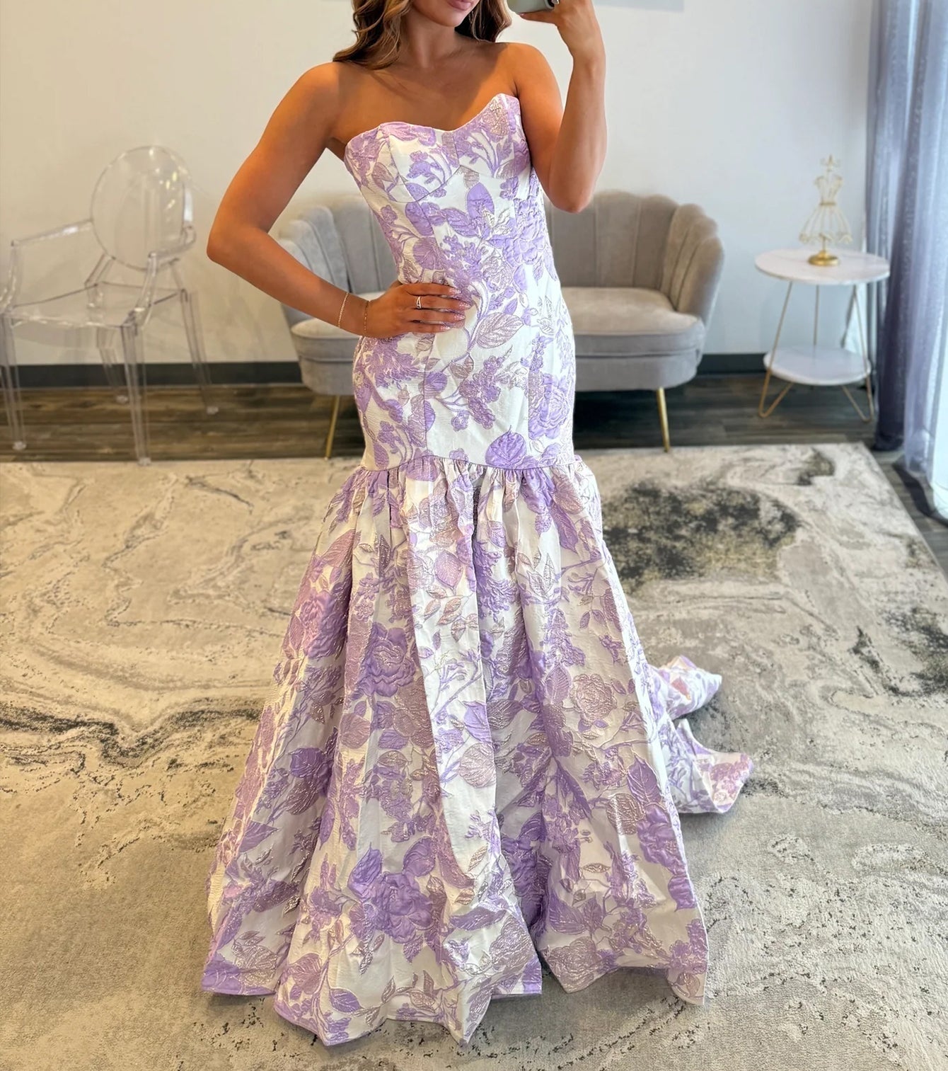 Embroidery Strapless Pleated Long Mermaid Bodice Prom Dress - Lilac Floral