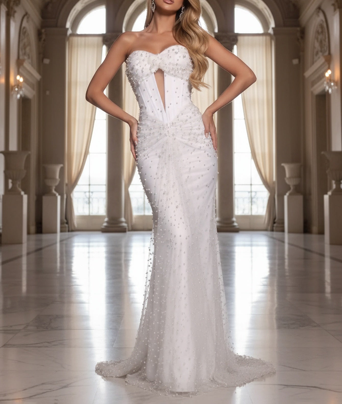 Sparkly Beading Cut Front Lace Up Ruched Mermaid Bodice Long Prom Dress - White