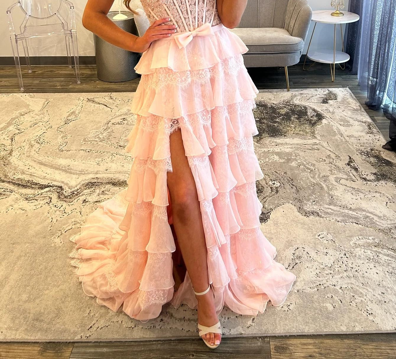Sparkly Beading Bow Front Lace Up Bodice A-Line Long Prom Dress With Slit - Pink
