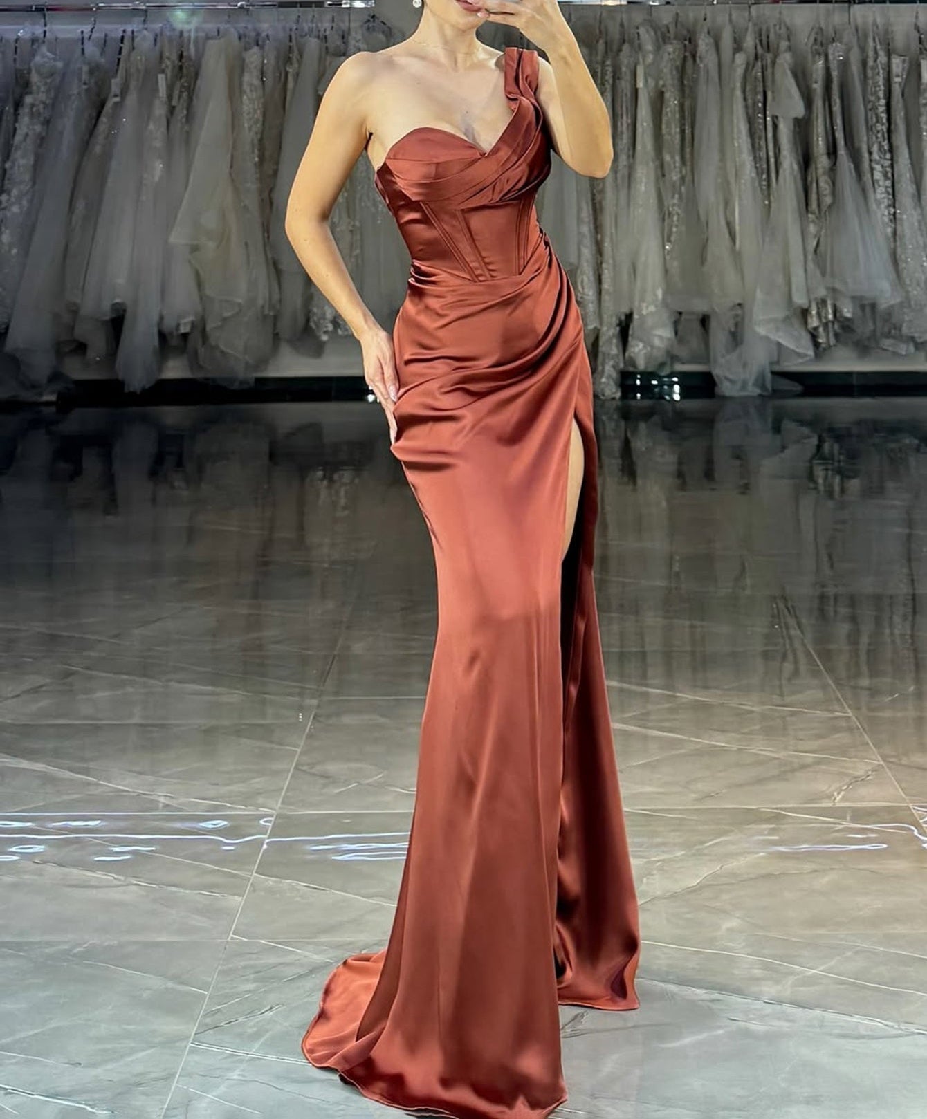 One Shoulder Ruched Bodice Long Mermaid Prom Dress With Slit - Rust