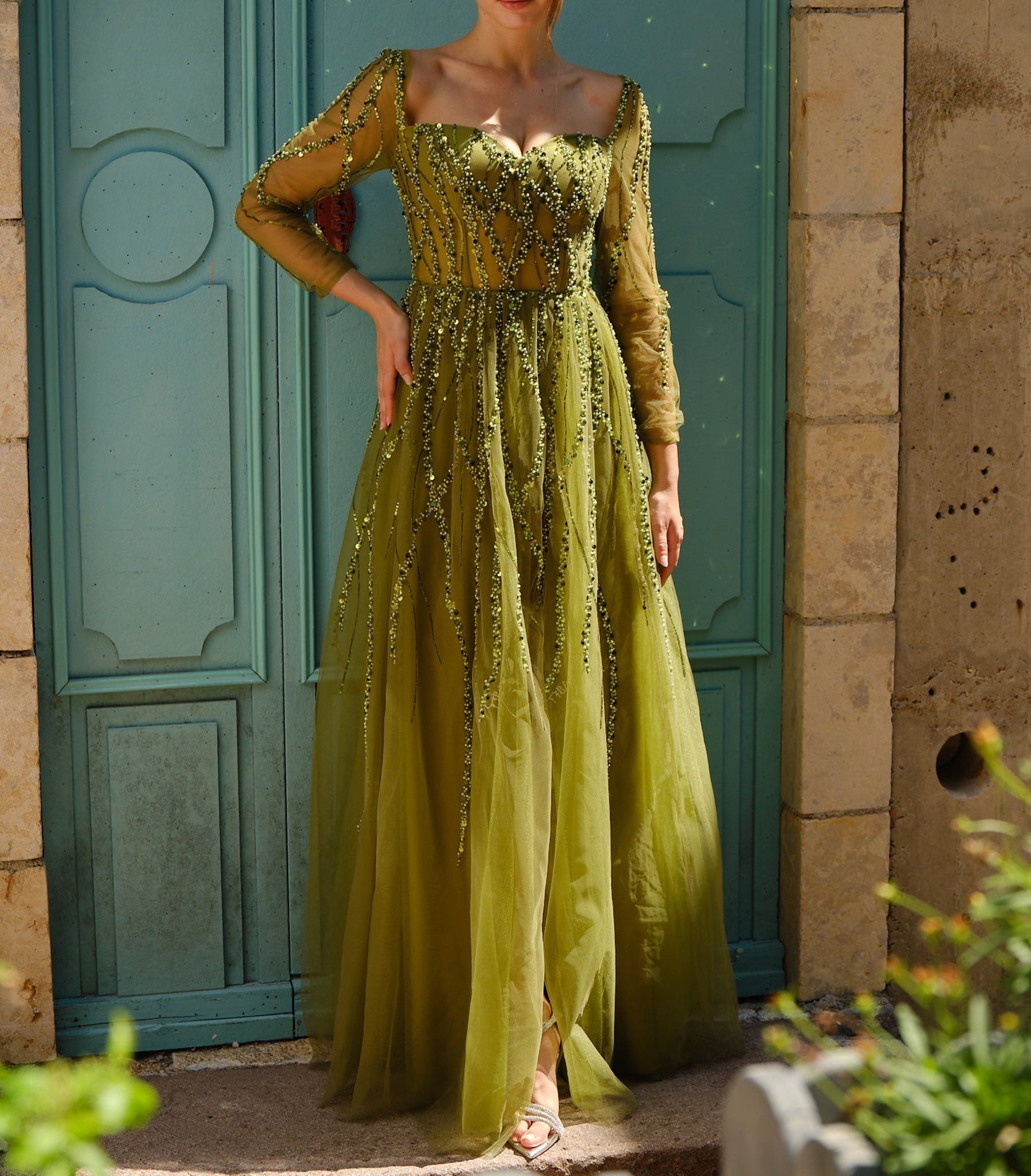 Hand Beading Long Sleeves Illusion Prom Dress - Olive Green