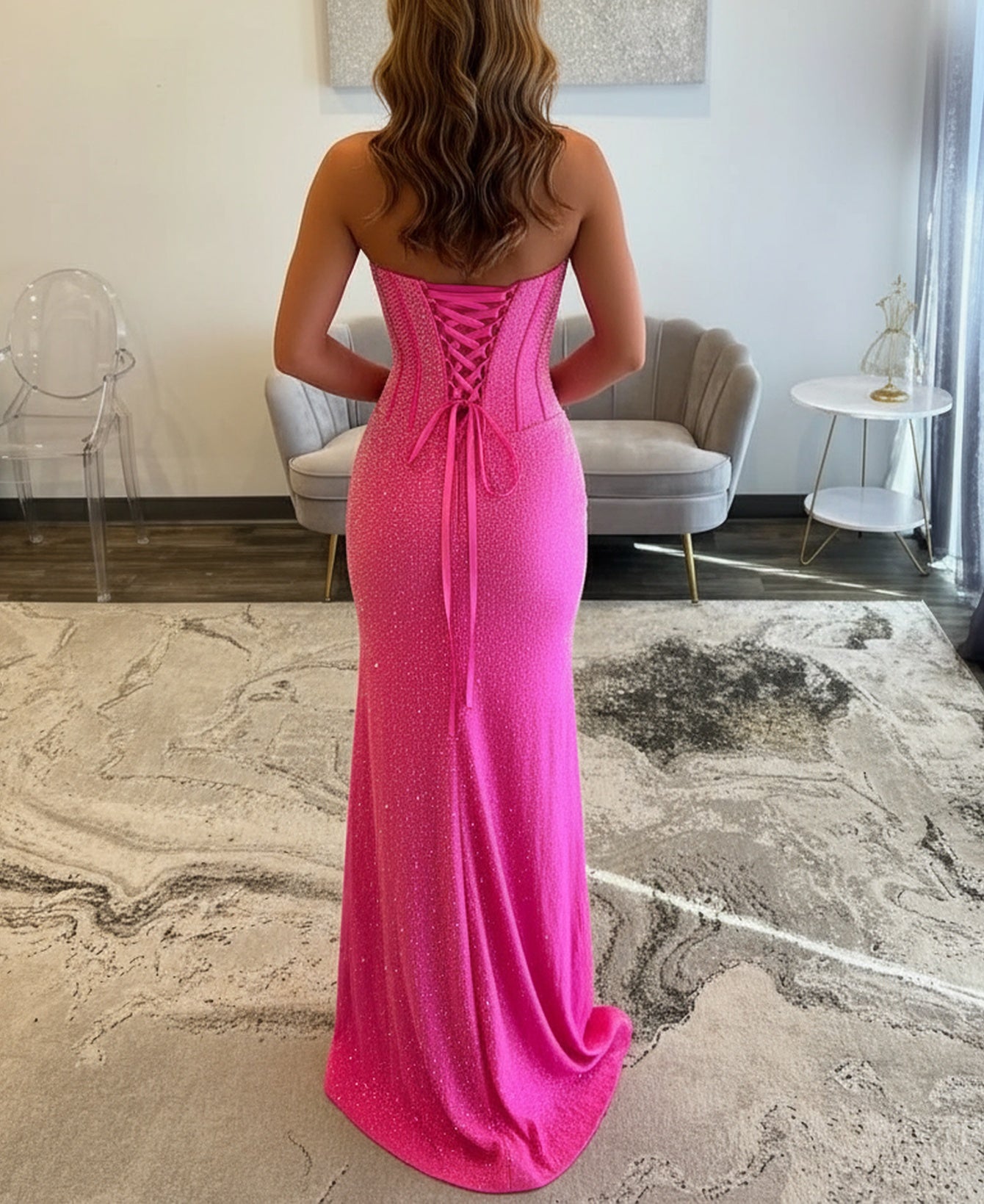 Strapless Sparkly Beading Bodice Long Mermaid Prom Dress With Slit - Hot Pink