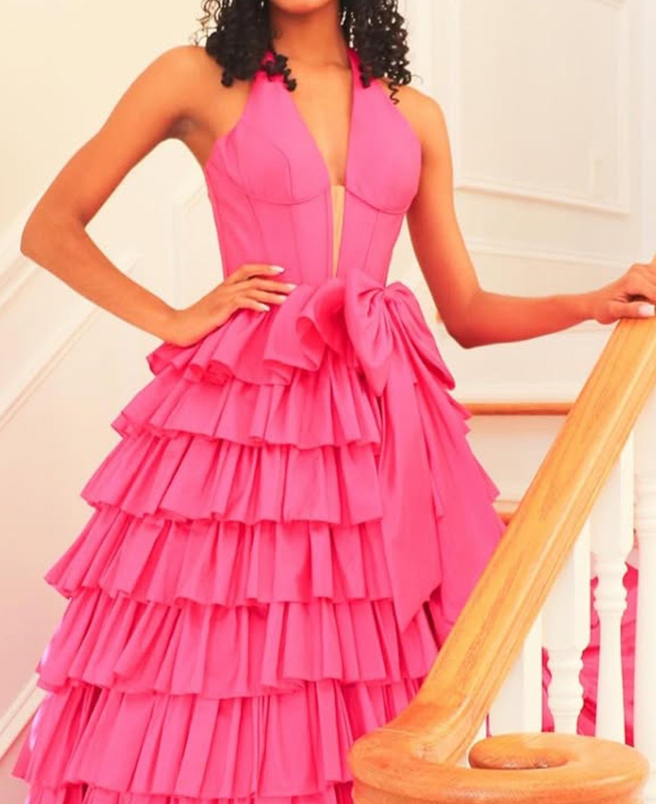Halter Big Bow Lace Up Bodice Ball Gown Prom Dress - Pink
