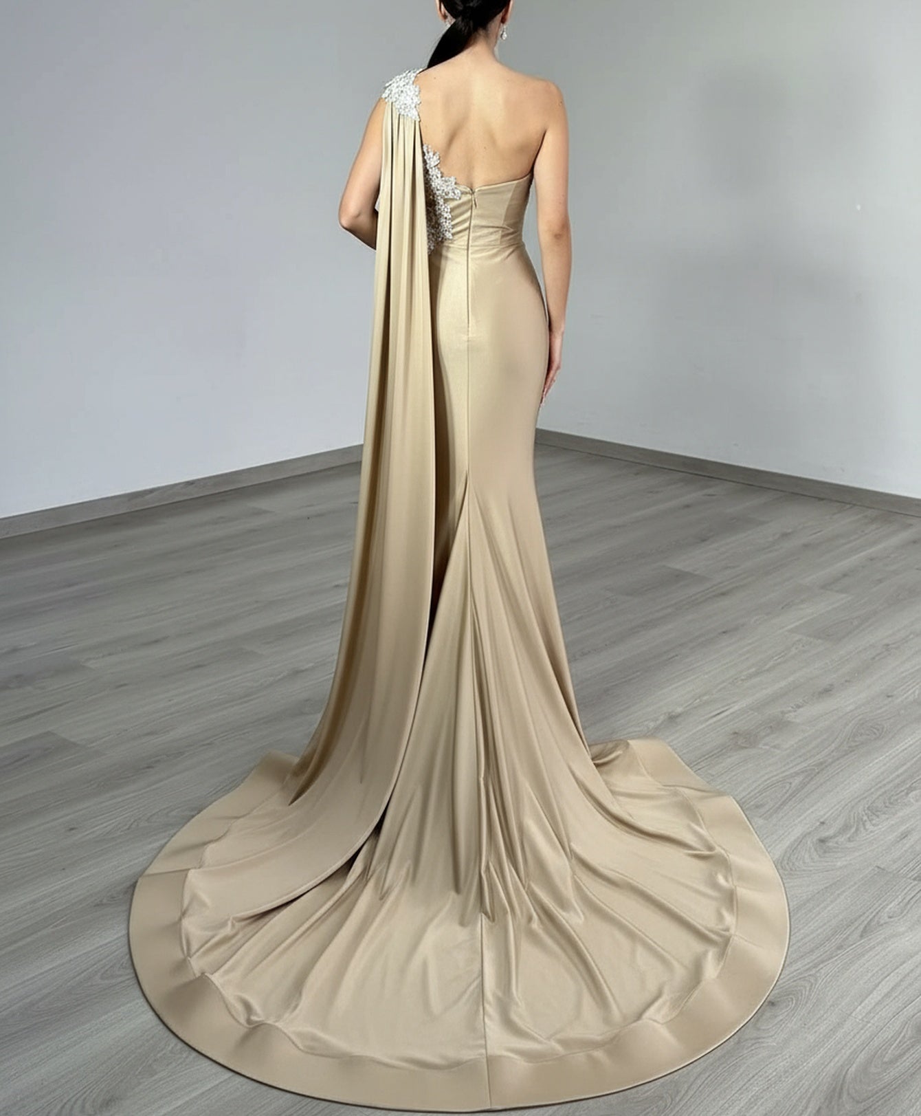 One Shoulder Ruched Embroidery Bodice Mermaid Prom Dress With Drop Train - Champagne