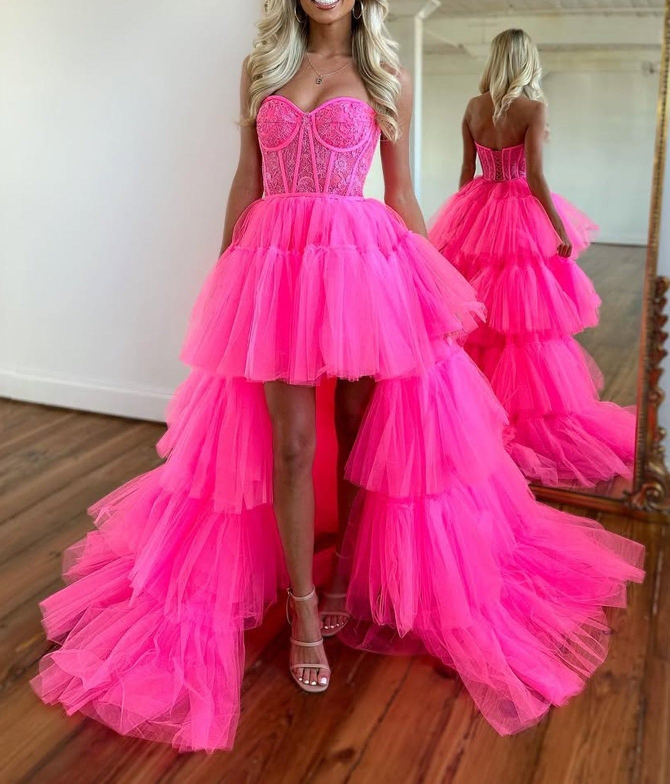 Strapless Lace Up Bodice High-Low Prom Dress With Ruffled Hem - Hot Pink