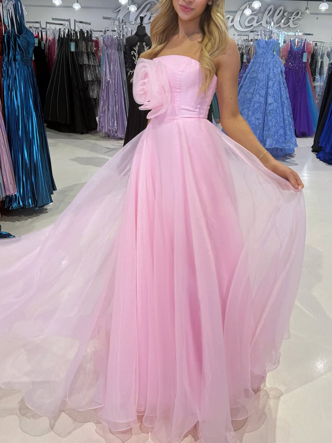 Strapless 3D Flower Bodice Long Ball Gown Prom Dress - Pink
