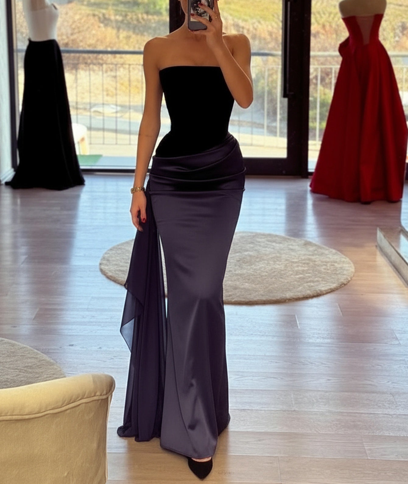 Strapless Ruched Bodice Long Mermaid Prom Dress With Shawl - Navy Blue