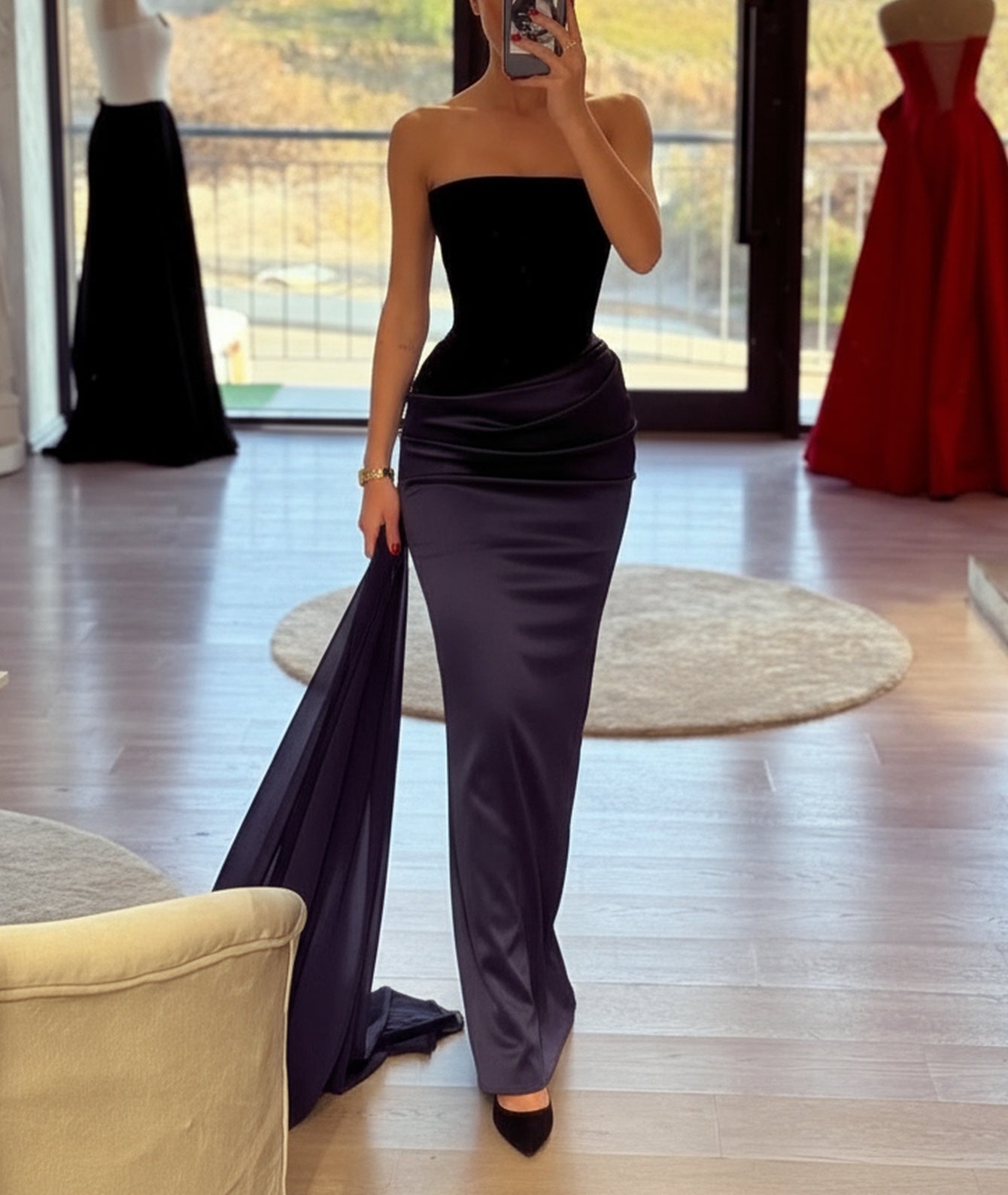 Strapless Ruched Bodice Long Mermaid Prom Dress With Shawl - Navy Blue