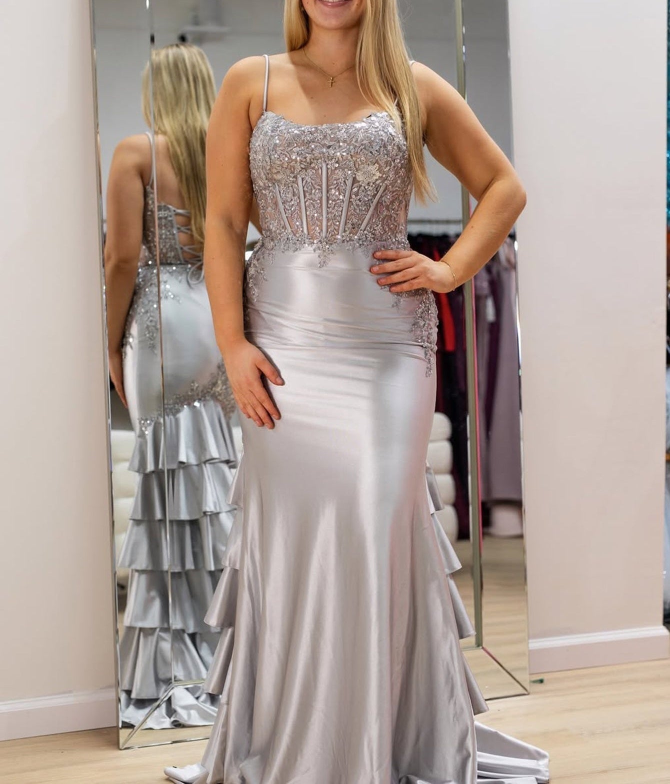 Spaghetti Strap Lace Up Beading Illusion Pleated Bodice Mermaid Prom Dress - Silver