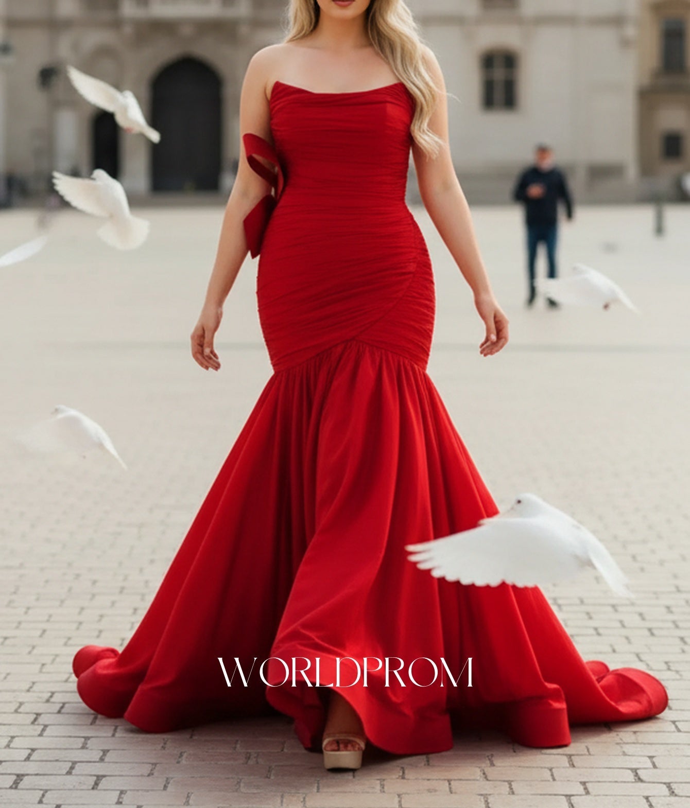 Strapless Ruched Bow Back Bodice Ball Gown Prom Dress - Red